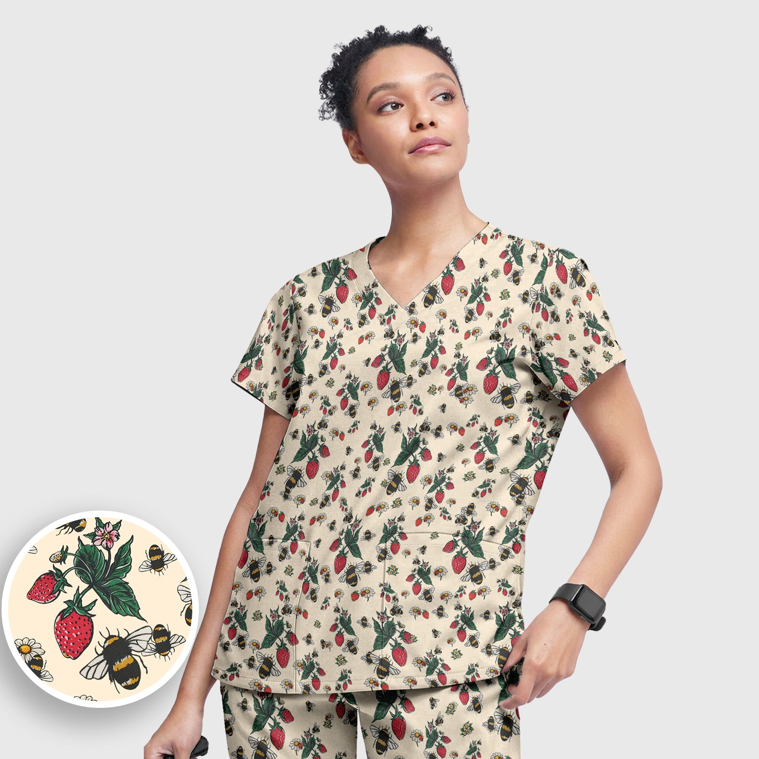 Cute Strawberry Bee Daisy Floral Pattern Scrub Set, Scrub Pants and V Neck Top
