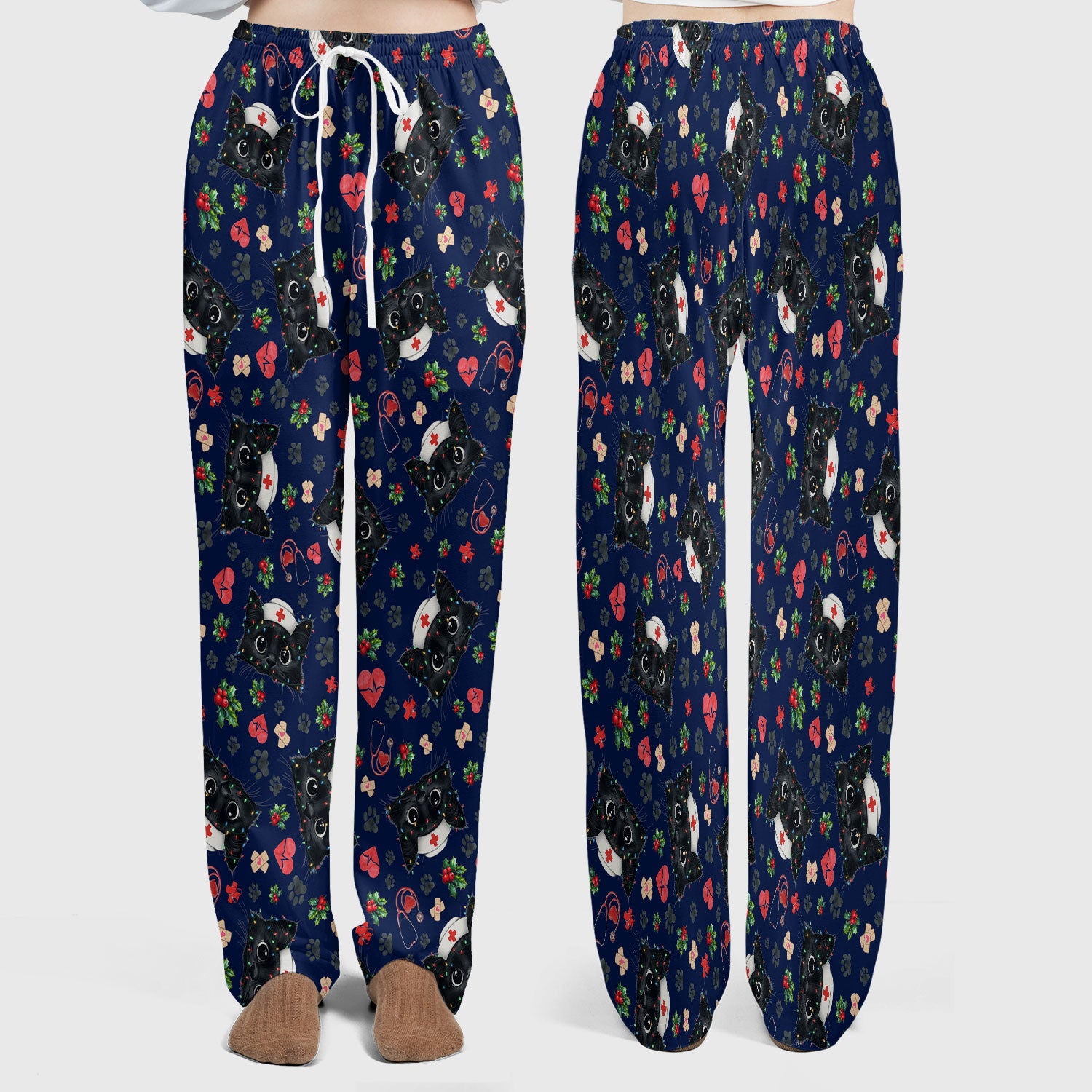 Black Cats Comfortable Scrubs for Nurses - Cute Kittens Christmas Scrubs Pants and V Neck Top - Breathable Med Uniform Gift for Women