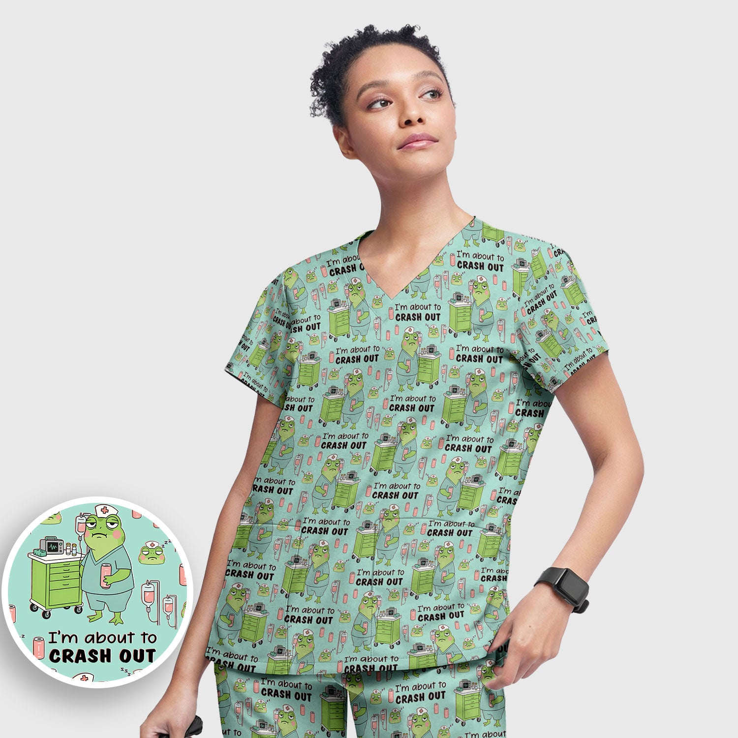Funny Frog Pattern Nurse Scrub Set, I’m About to Crash Out Nurse Shirt, Breathable Fabrics Nursing Uniform