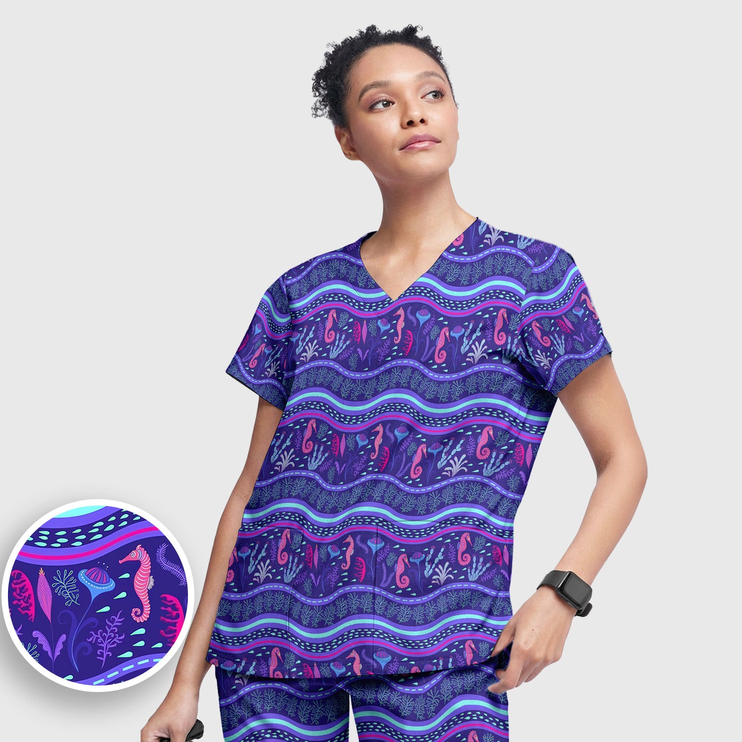 Purple Seahorse Ocean Pattern Scrub Set, Scrub Pants and V Neck Top