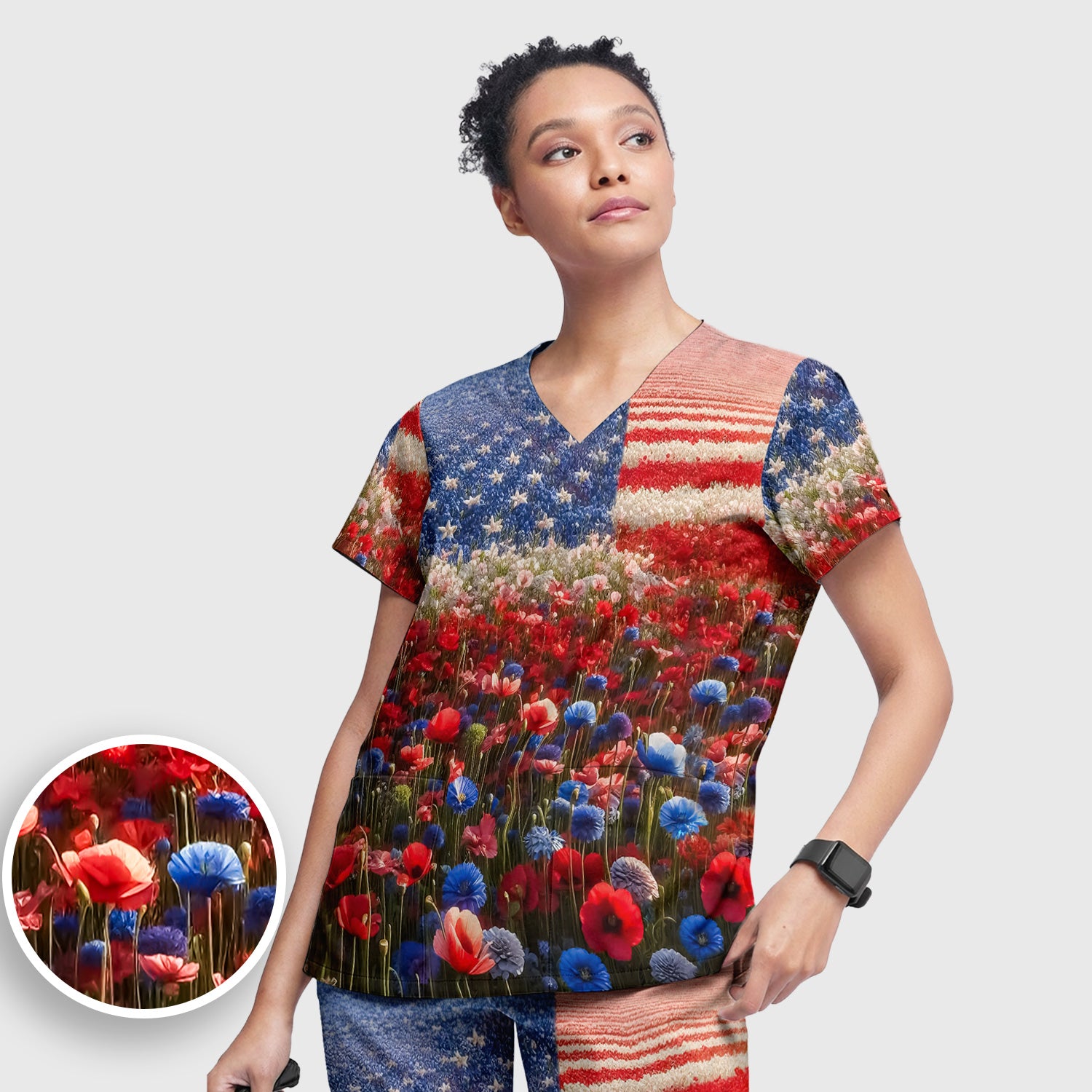 Festive Nurse American Flag Wildflower Field Scrub Set, Scrub Pants and V Neck Top