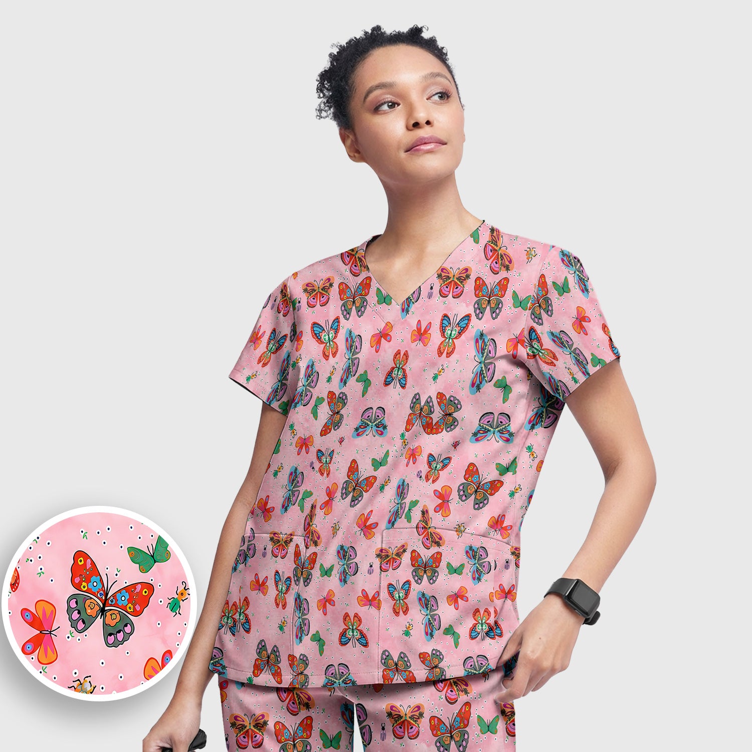 Colorful Butterfly Garden Pattern Scrub Set, Scrub Pants and V Neck Top