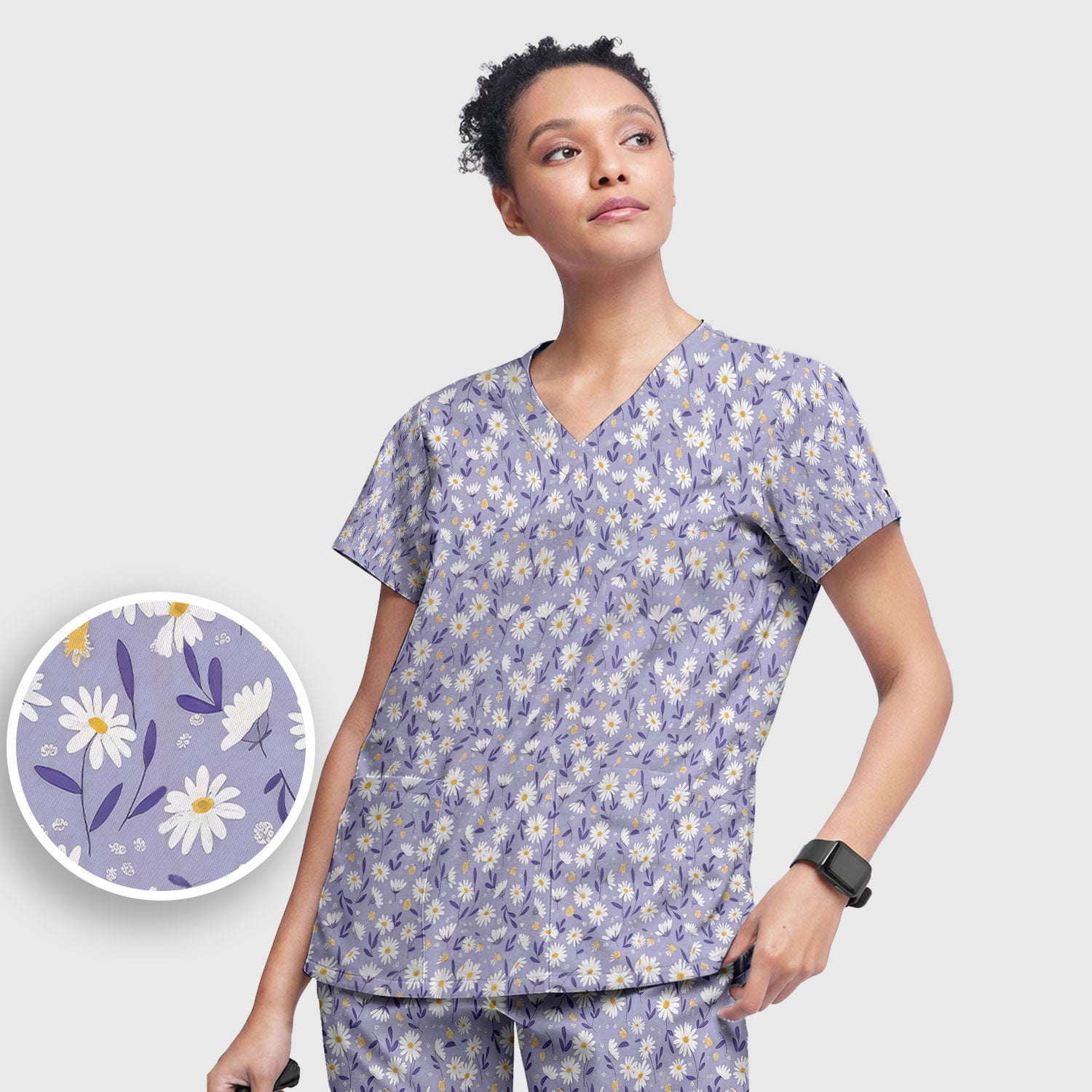 Cute Purple Daisy Botanical Print Scrub Set, Scrub Pants and V Neck Top