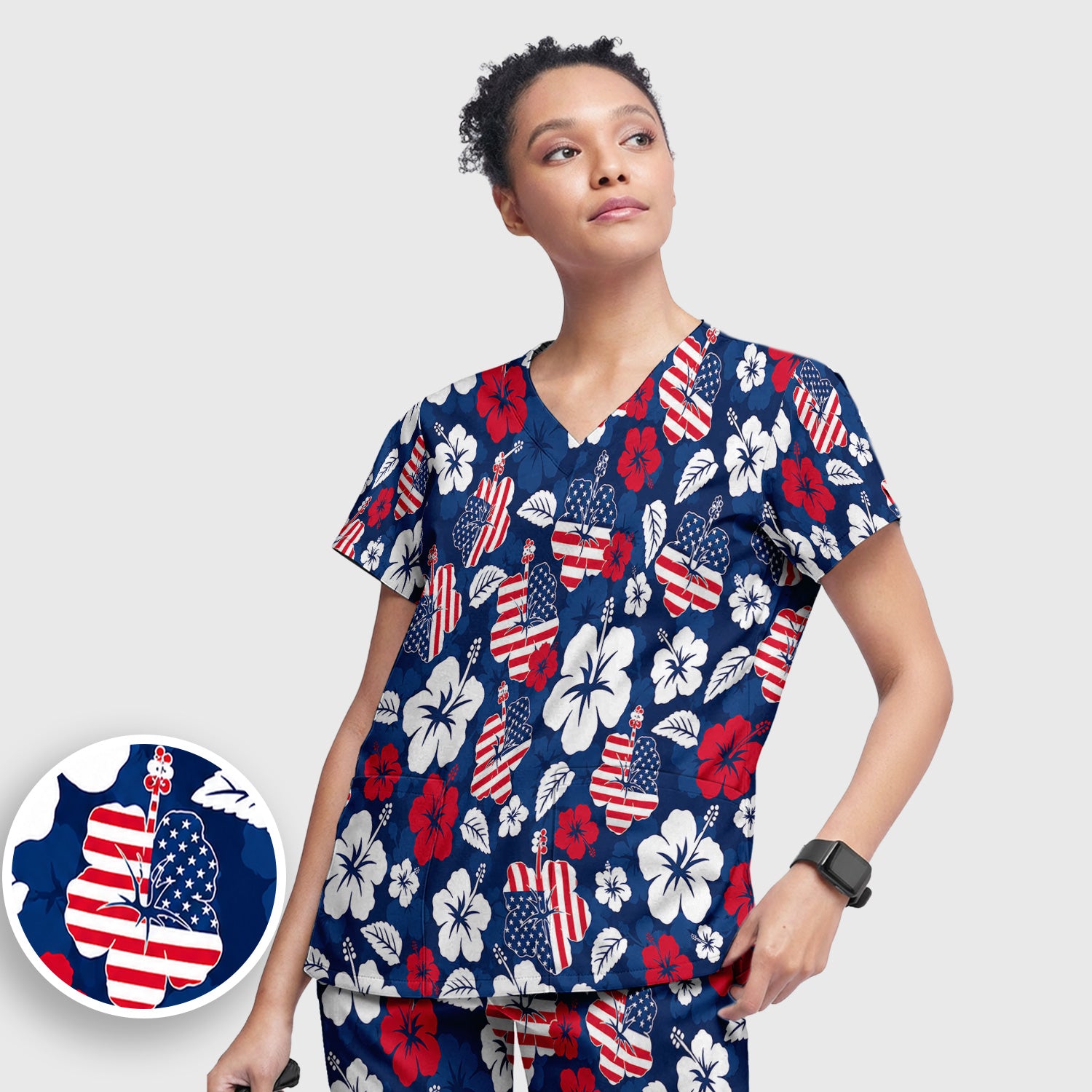 Patriotic Hibiscus Flag Floral Print Scrub Set, Scrub Pants and V Neck Top
