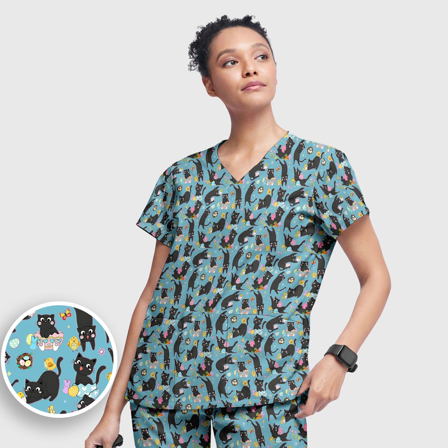 Playful Black Cat Easter Egg Pattern Scrub Set, Scrub Pants and V Neck Top