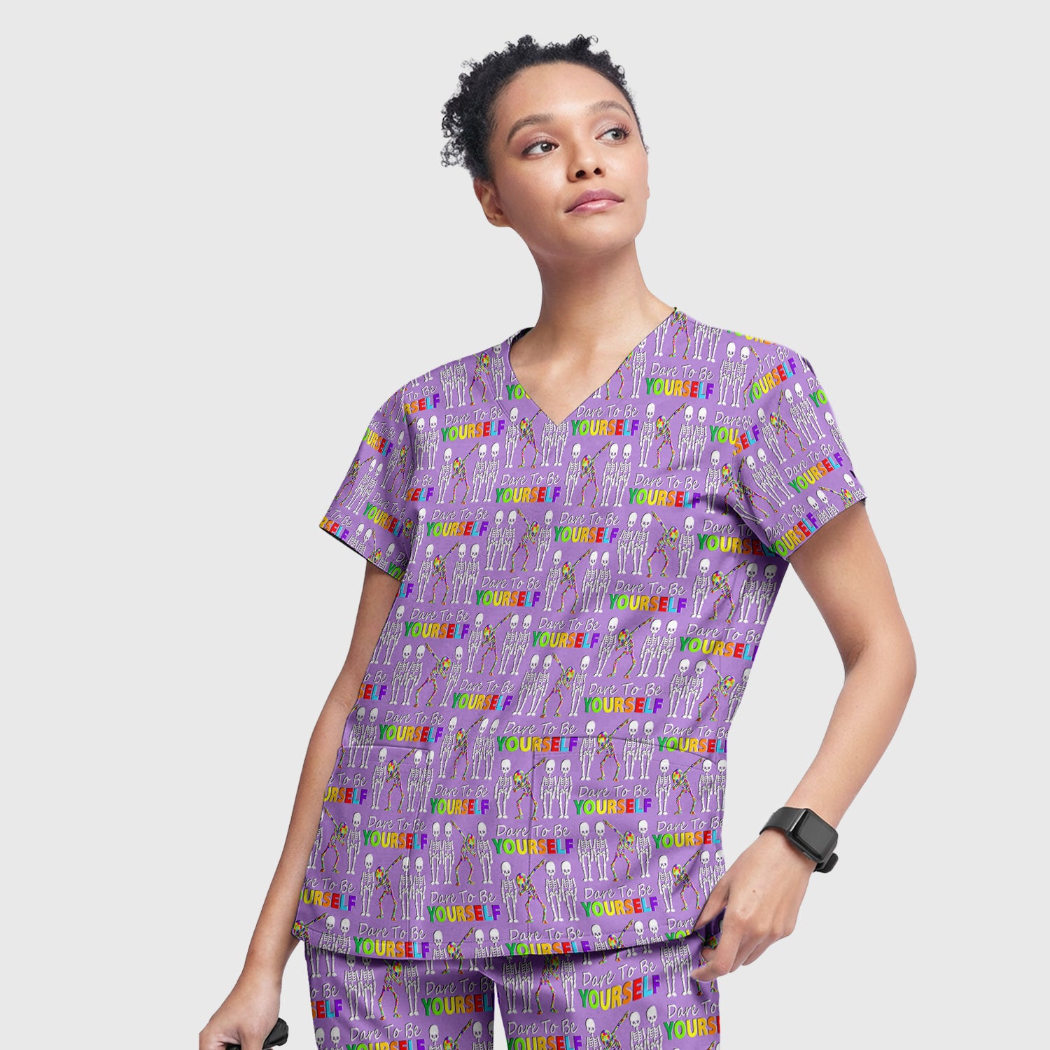 Rainbow Skeleton Dare To Be Yourself Pattern Scrub Sets, Scrub Pants and V Neck Top