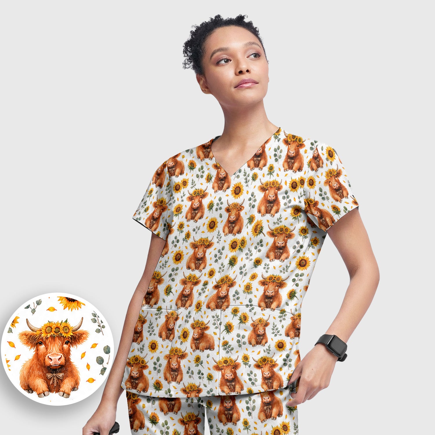 Rustic Highland Cow Floral Pattern Scrub Set, Scrub Pants and V Neck Top