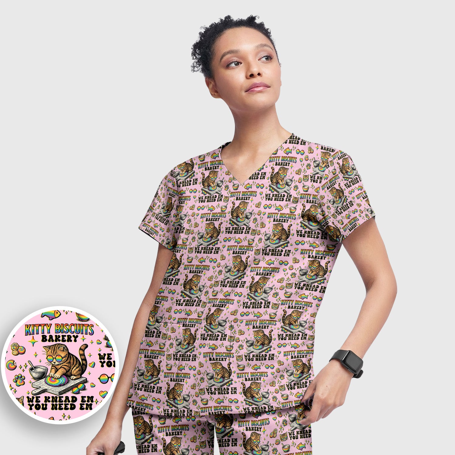 Pride Nurse Cat Baking Rainbow Dough Pattern Scrub Set, Women's Scrub Sets
