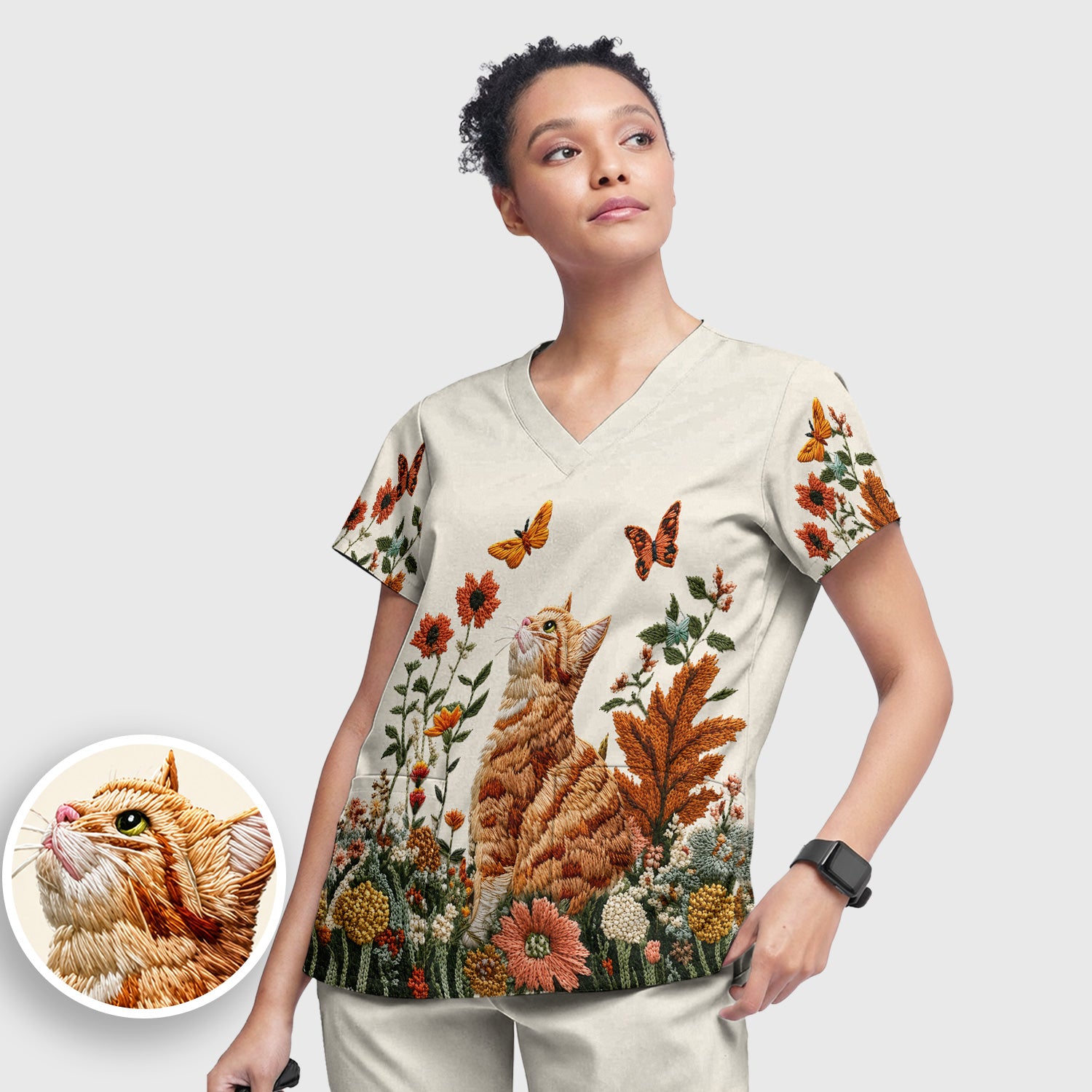 Embroidered Orange Cat Wildflower Pattern Scrub Set, Scrub Pants and V Neck Top