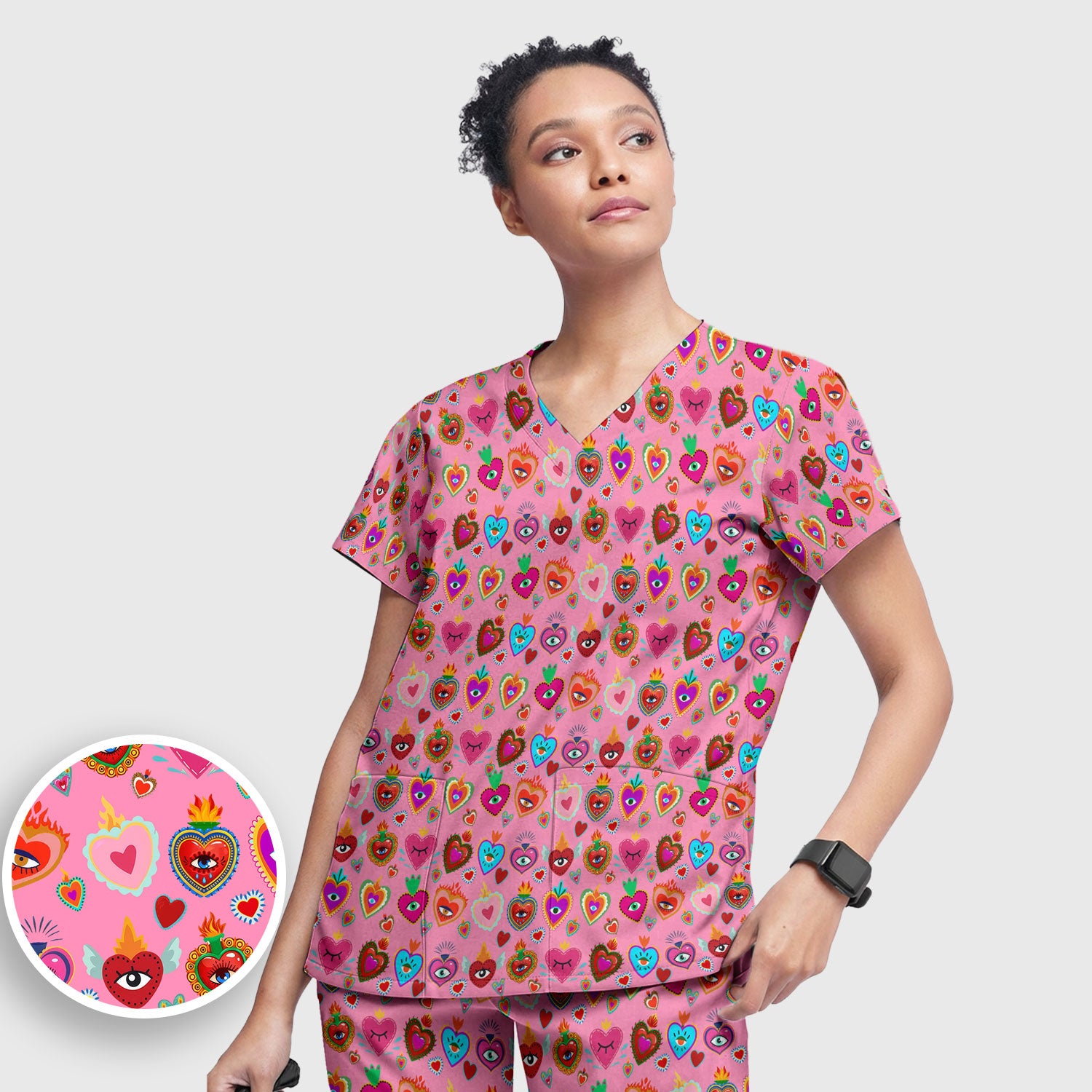 Valentine Colorful Sacred Heart Print Women's Scrub Set, Scrub Pants and V Neck Top