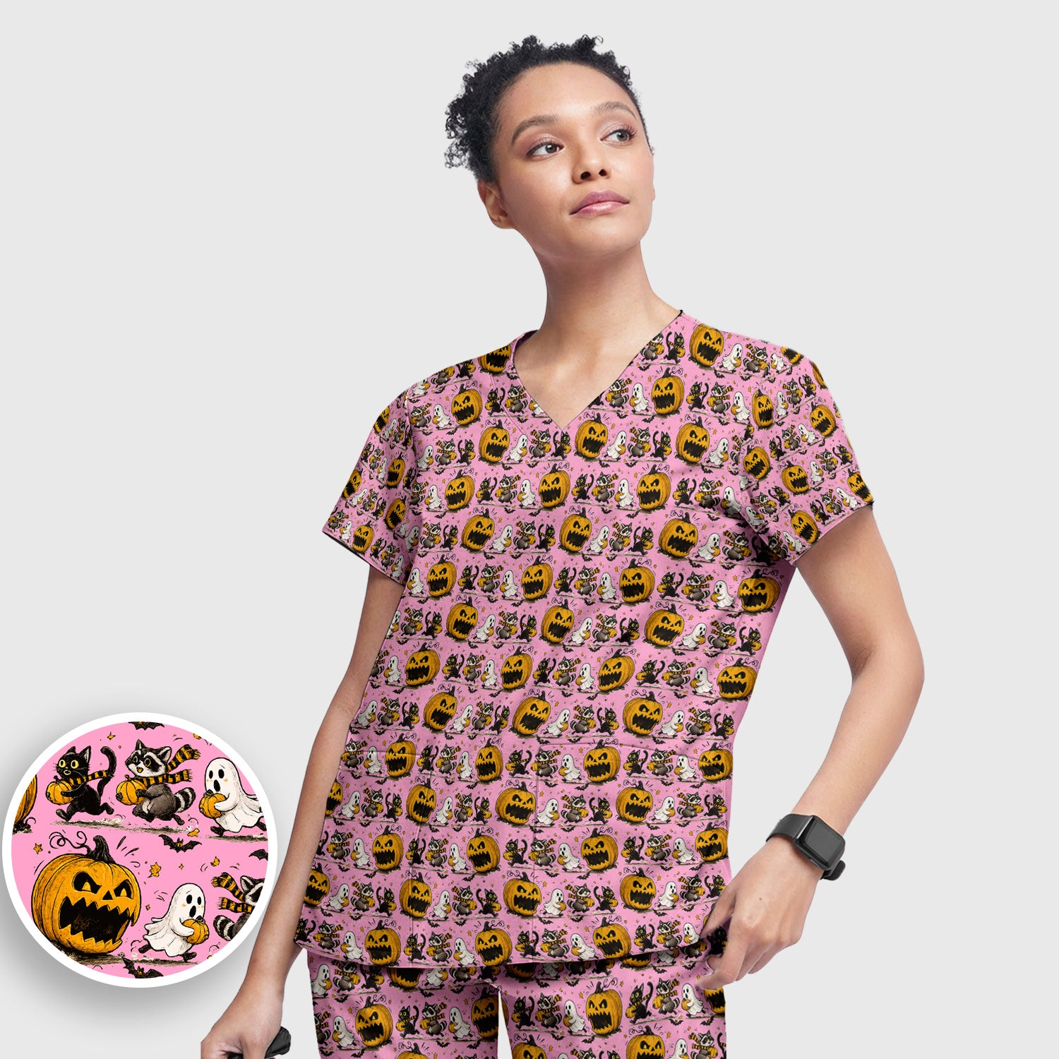 Spooky Halloween Woodland Critters Pattern Scrub Set, Scrub Pants and V Neck Top