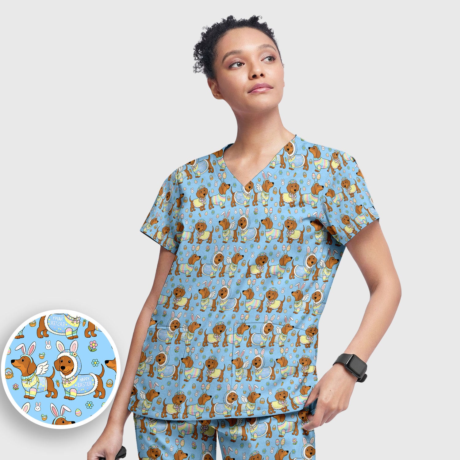 Easter Dachshund Bunny Pattern Scrub Set, Scrub Pants and V Neck Top