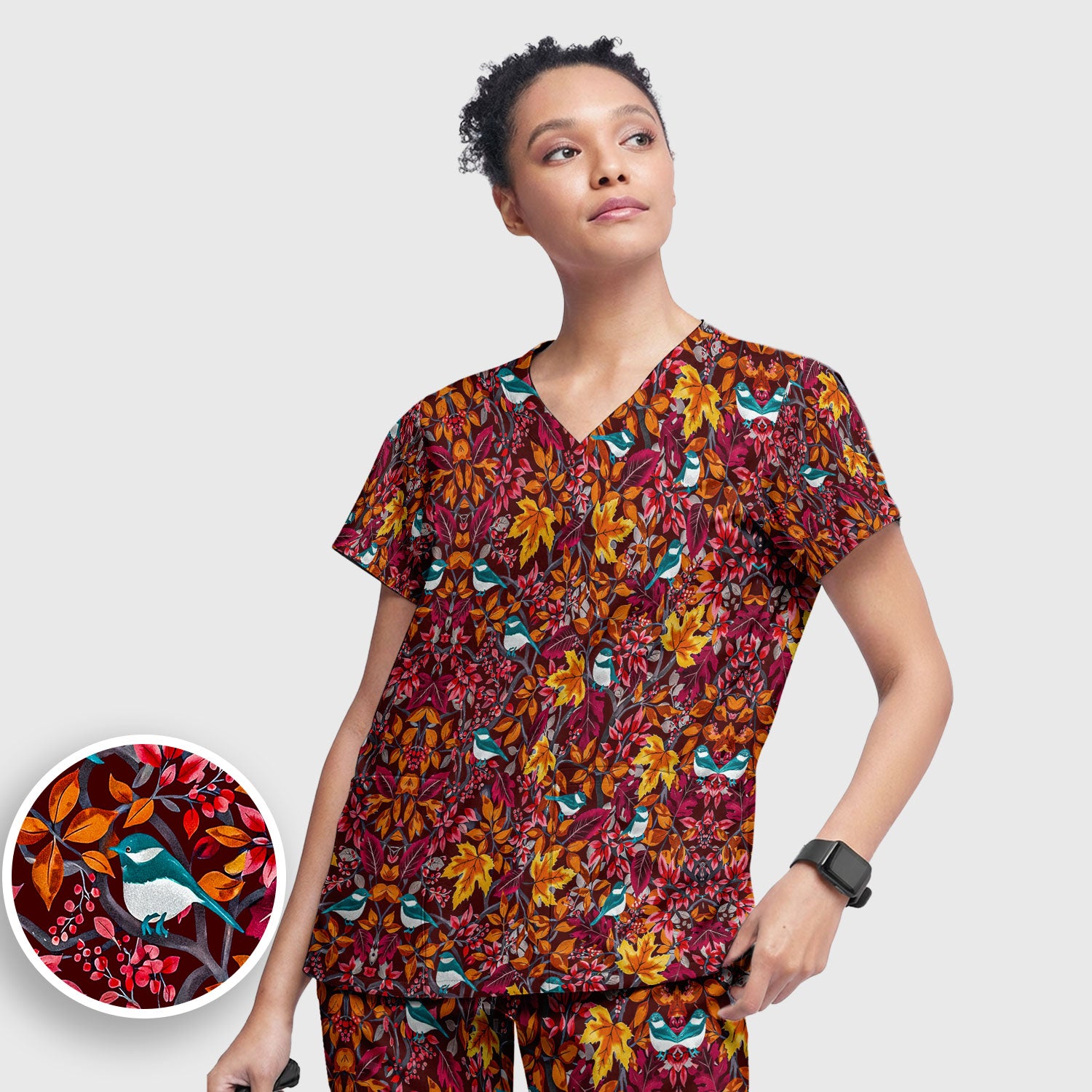Autumn Leaves Blue Bird Pattern Print Set, Women's Scrub Sets