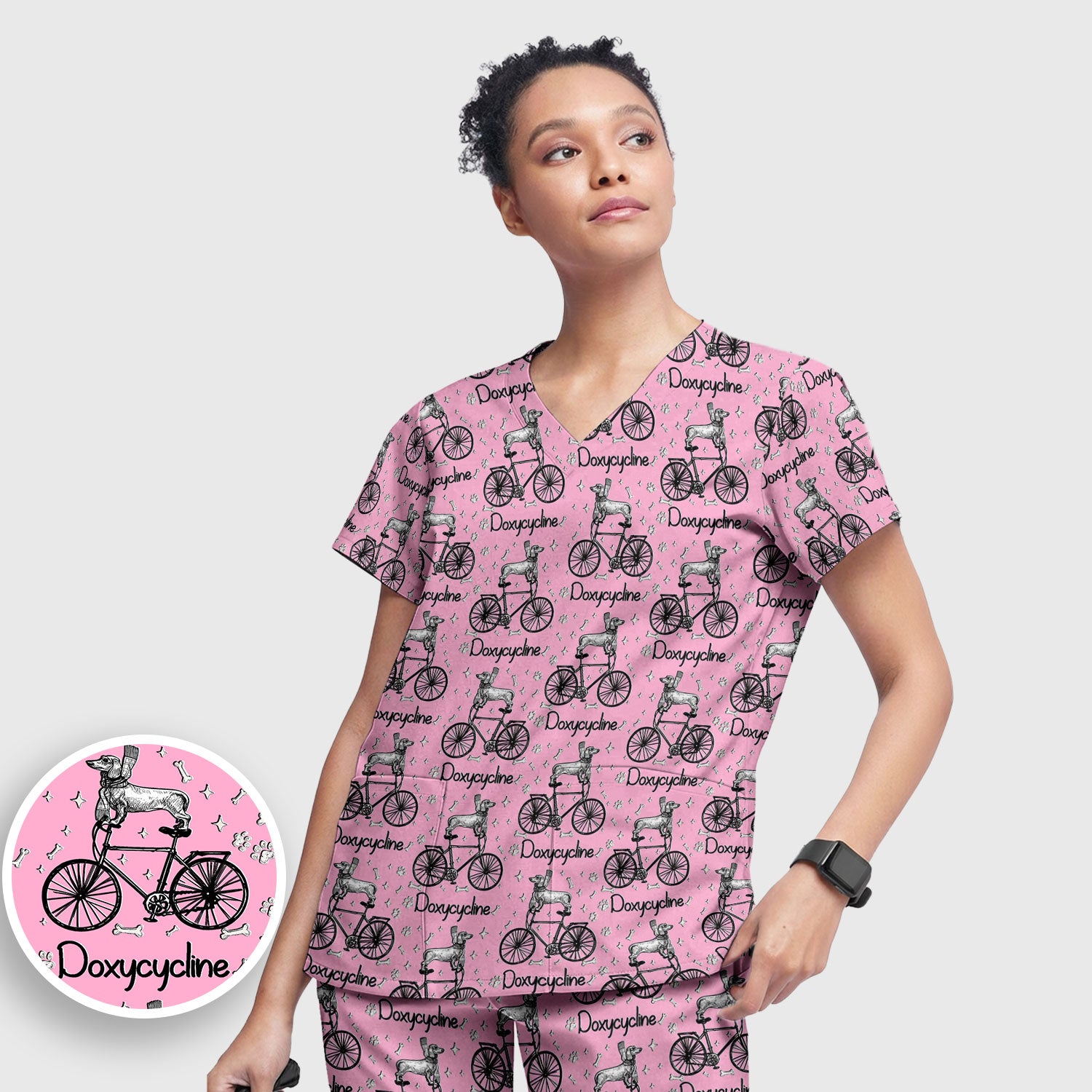 Funny Doxycycline Dog Bicycle Print Scrub Set, Scrub Pants and V Neck Top