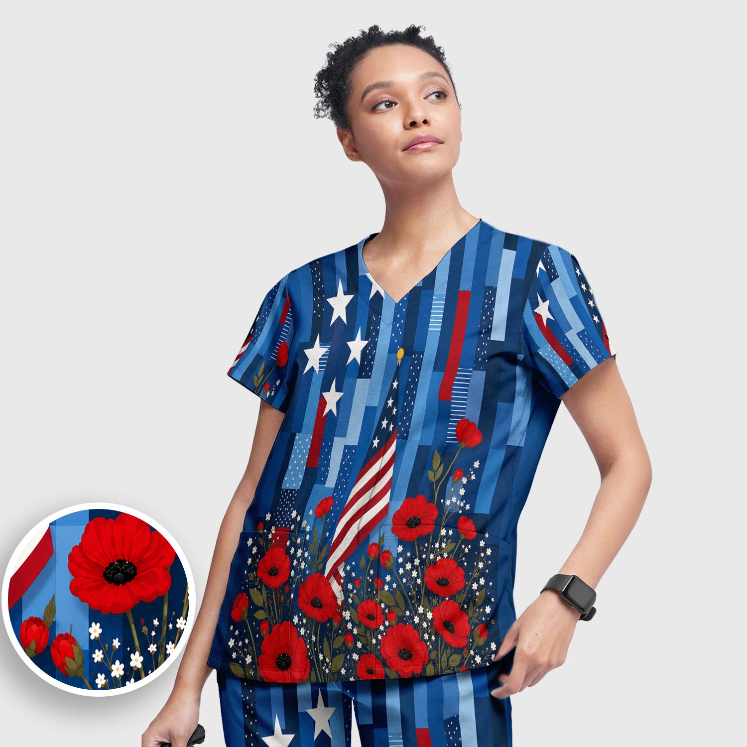 Patriotic Nurse Flag Poppy Pattern Scrub Set, Scrub Pants and V Neck Top