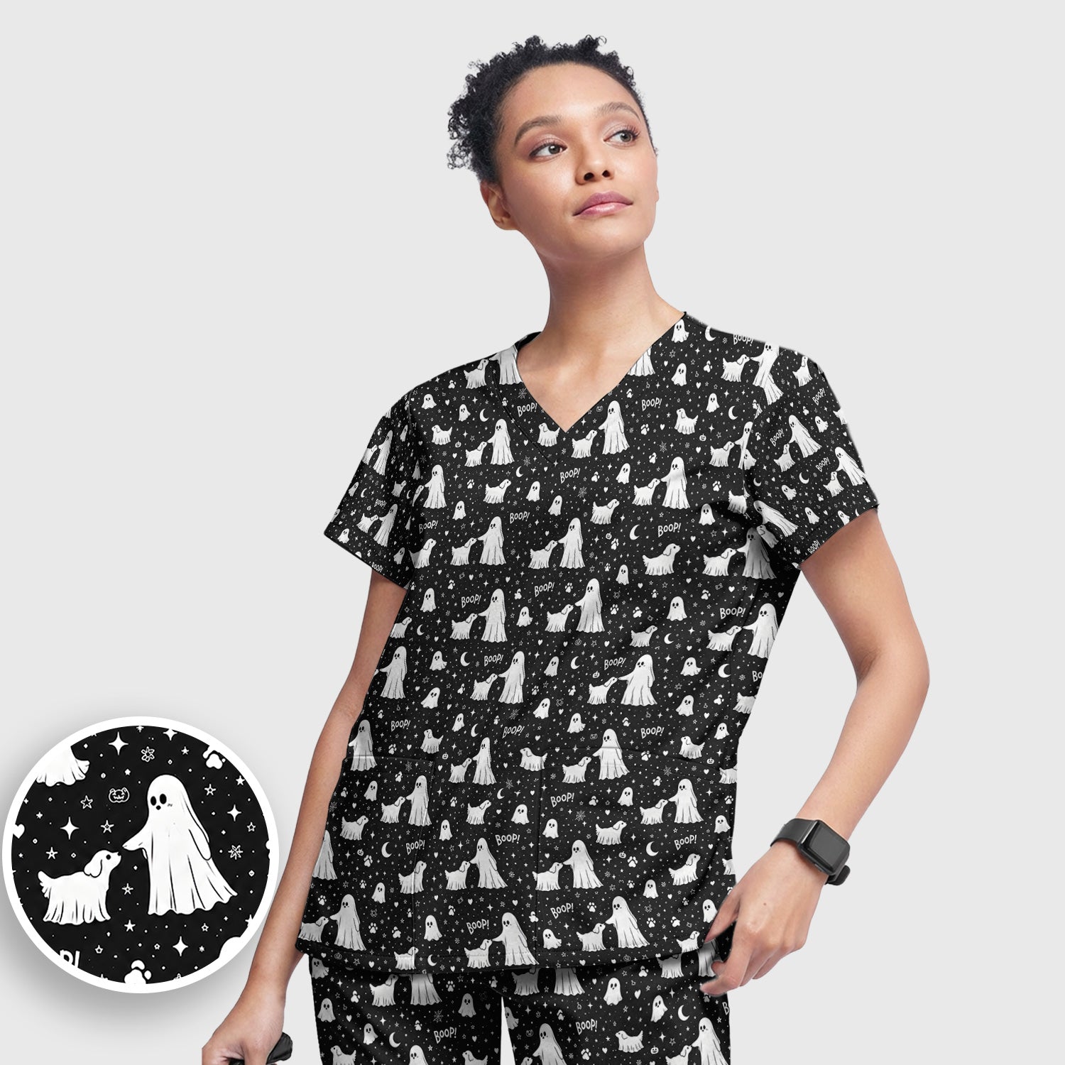 Halloween Ghost Boop Dog Pattern Scrub Set, Scrub Pants and V Neck Top