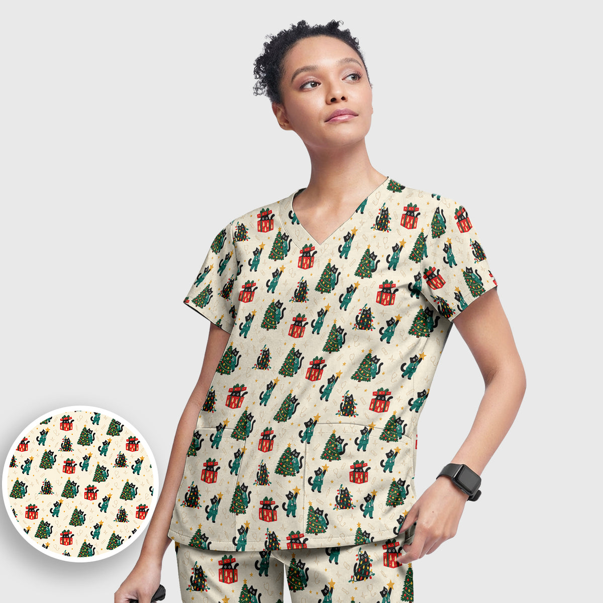 Christmas Black Nurse Cats And Trees Scrub Set, Scrub Pants and V Neck Top