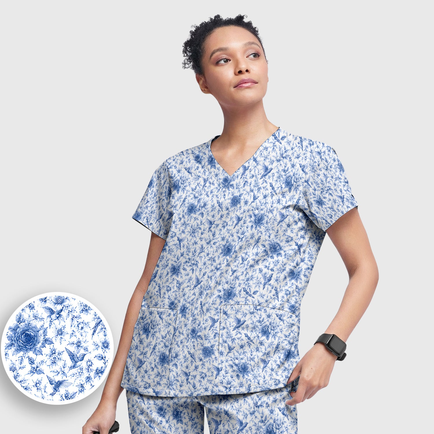 Blue Floral Hummingbird Toile Pattern Scrub Set, Scrub Pants and V Neck Top
