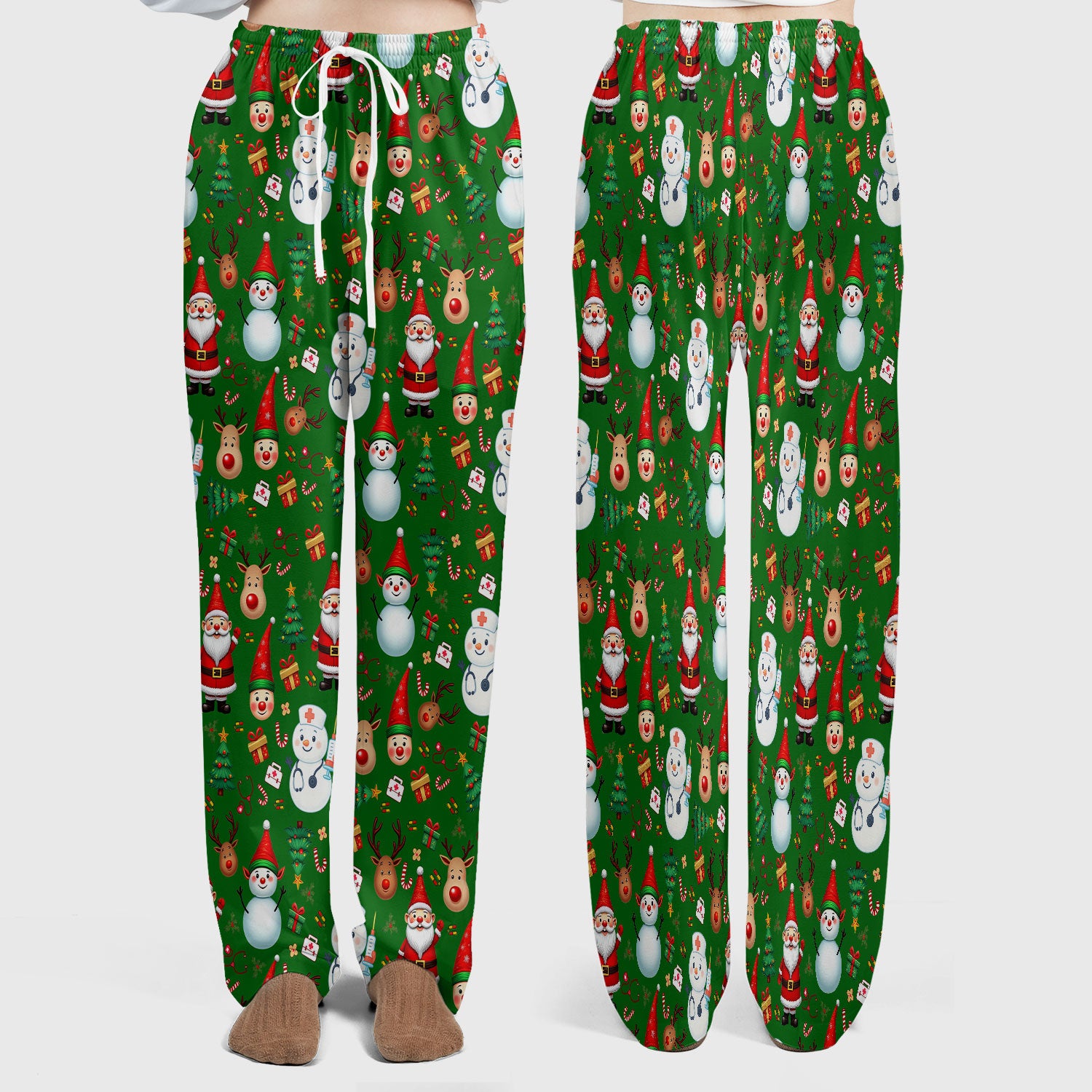 Christmas Nurse Scrub Set - Cute Snowman Santa Reindeer Pattern Medical Uniform - Festive Holiday Scrubs Pants and V Neck Top