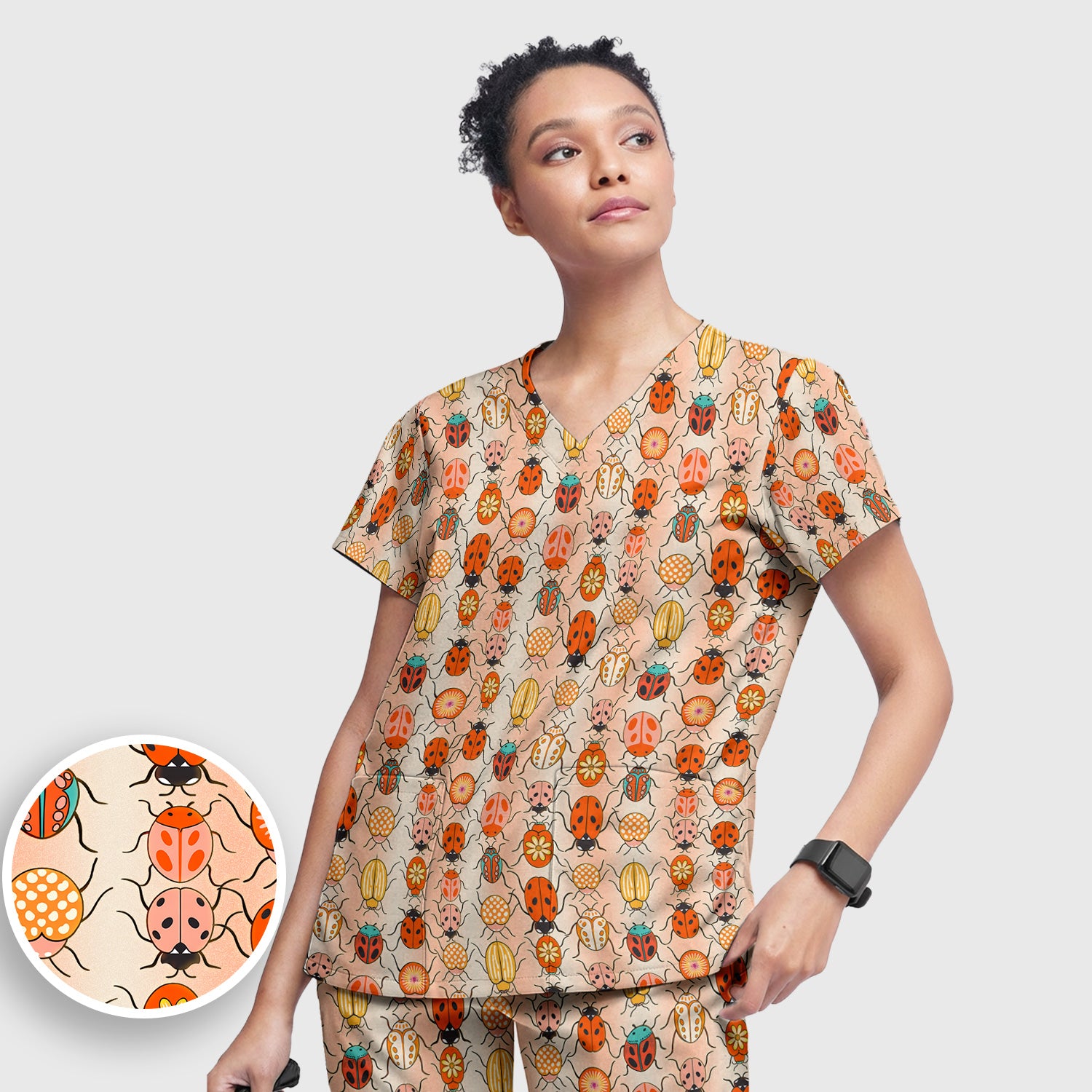 Cute Ladybug Beetle Floral Pattern Scrub Set, Women's Scrub Sets