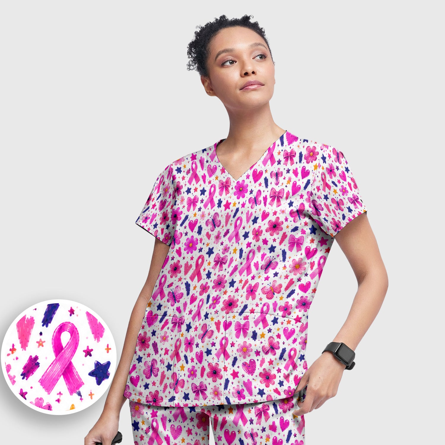 Pink Ribbon Floral Pattern Scrub Set, Scrub Pants and V Neck Top
