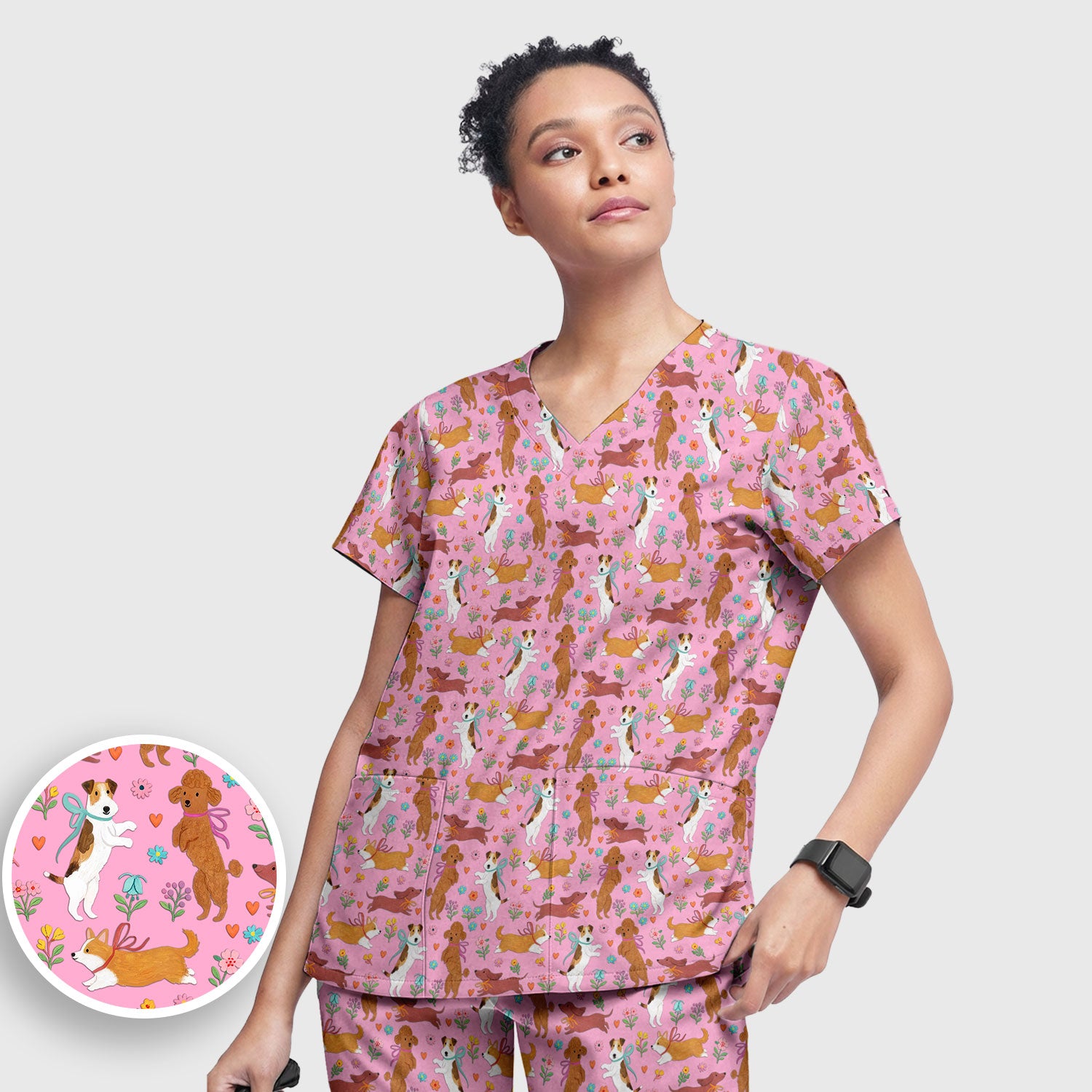 Cute Cartoon Dog Print Women's Scrub Set, Scrub Pants and V Neck Top