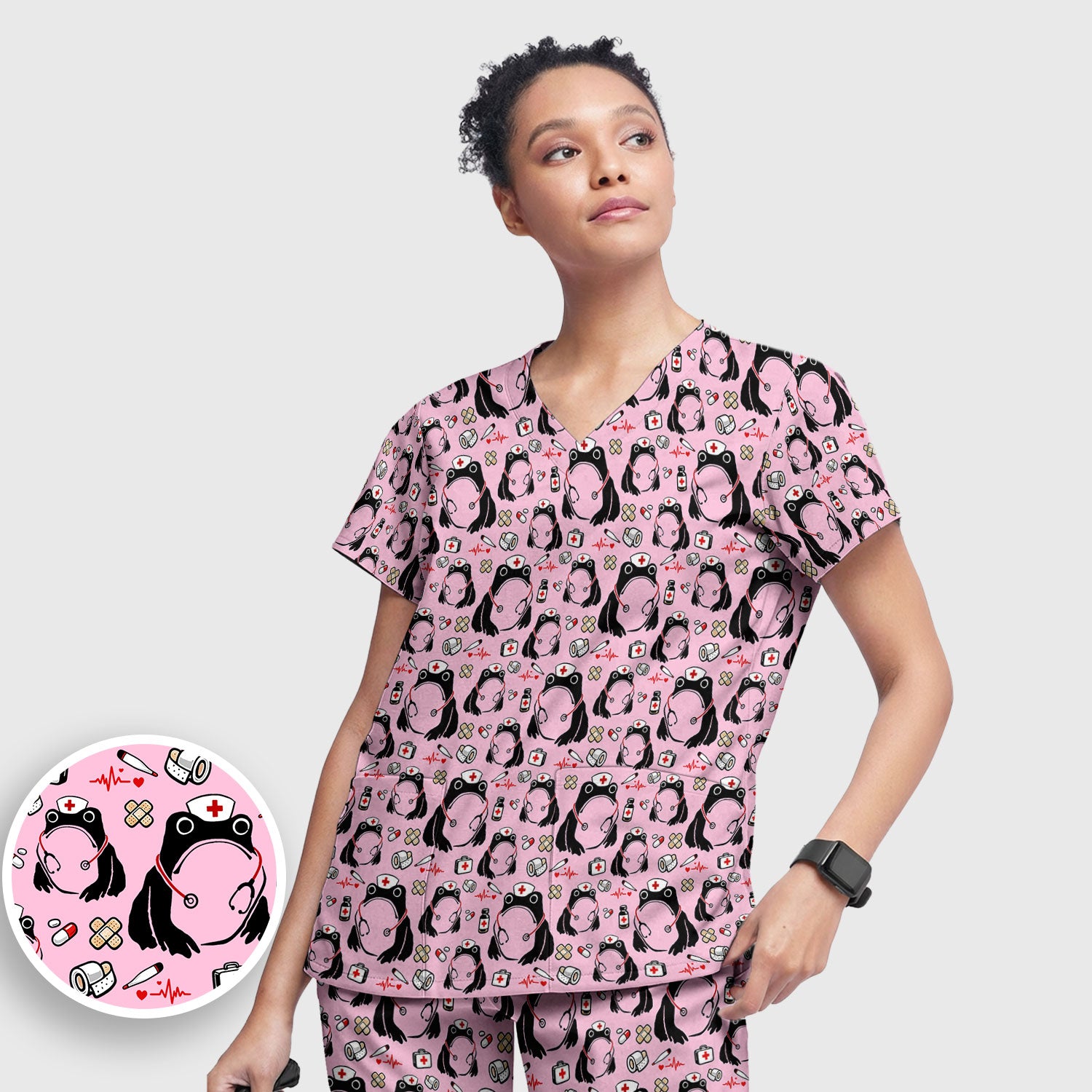 Cute Frog Nurse Medical Pattern Scrub Set, Breathable Med Uniform