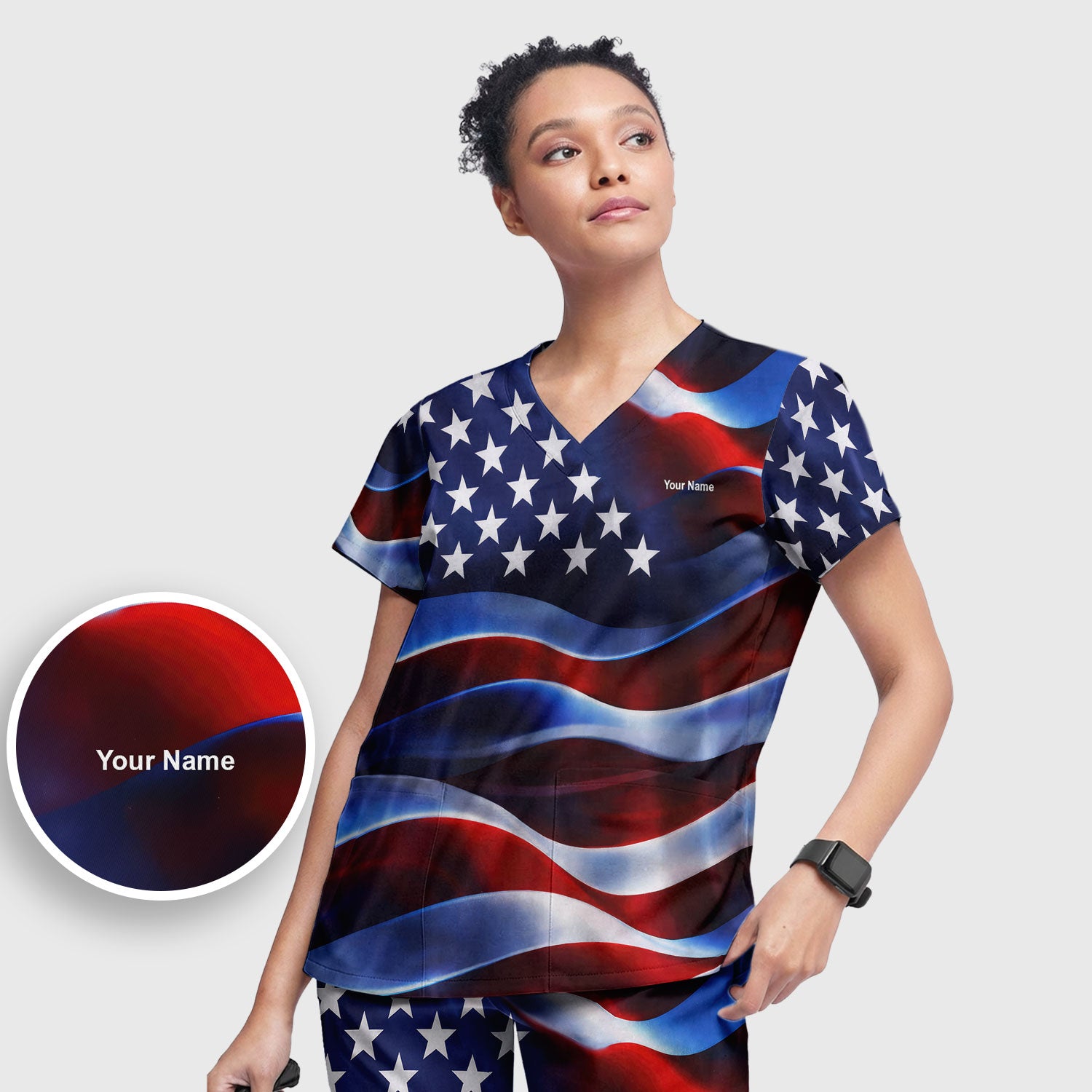 Personalized American Flag Stars Stripes Pattern Nurse Scrub Set, Scrub Pants and V Neck Top