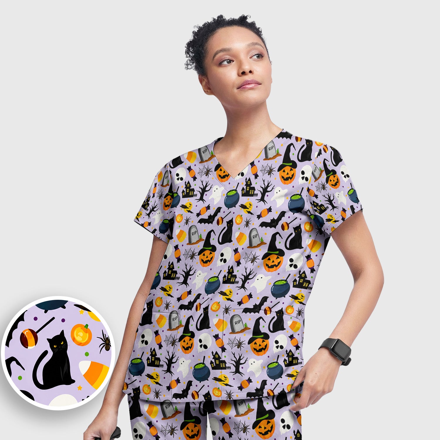 Ghost Pumpkin Witch Pattern Scrub Set, Scrub Pants and V Neck Top