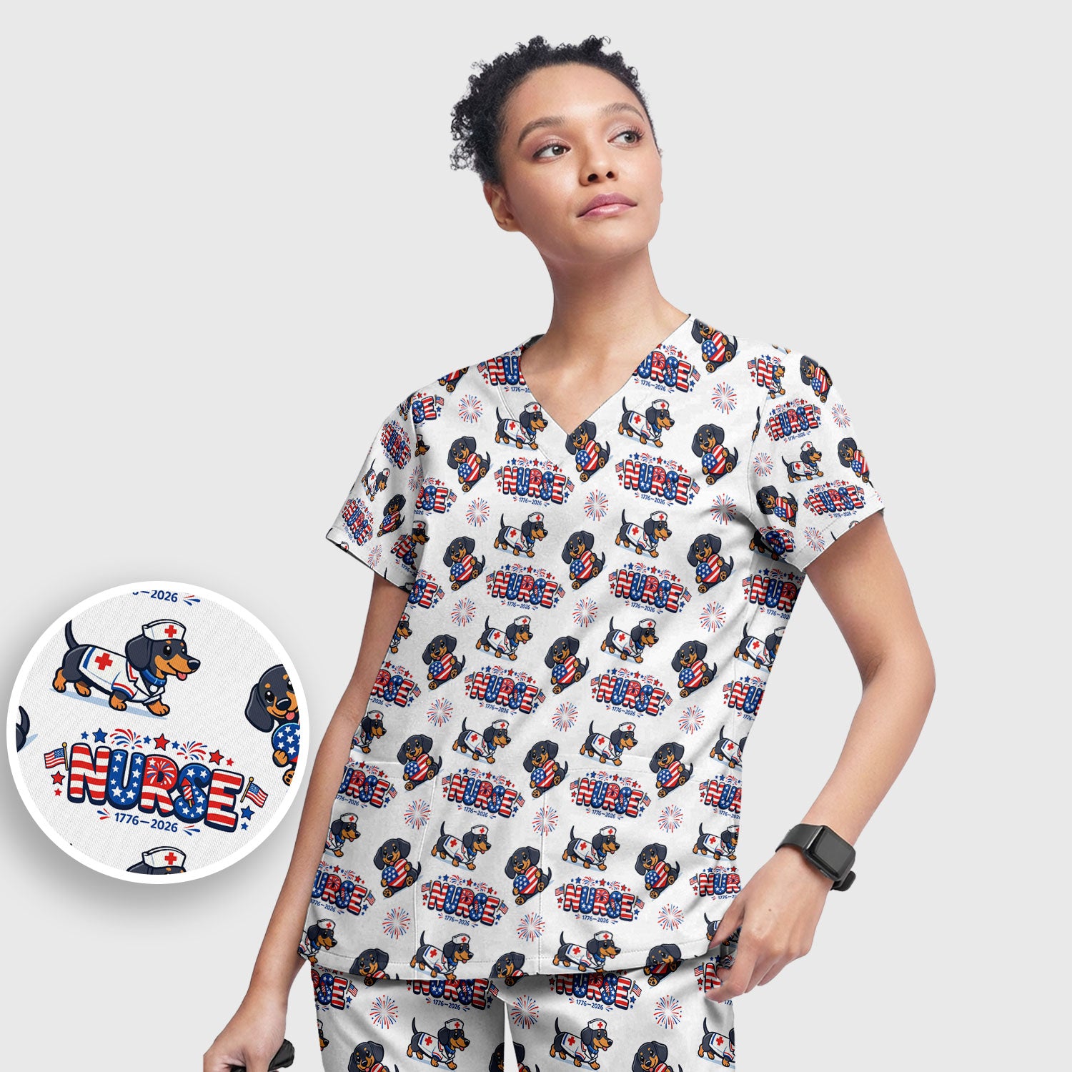 Proud Nurse Patriotic Dachshund Medical Firework Pattern Scrub Set, Nurse Uniform Scrubs Set