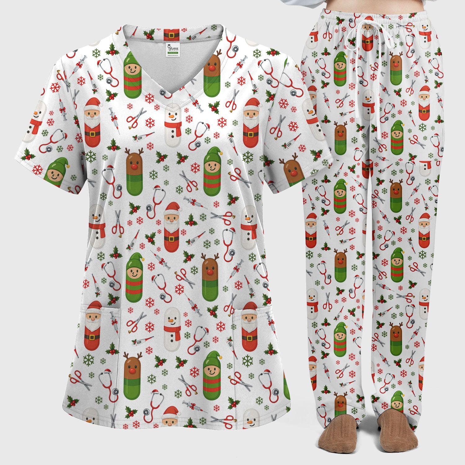 Santa Christmas Scrubs Set - Cute Holiday Pattern with Reindeer and Snowman - Fun Medical Scrub Top and Pants for Women Nurses