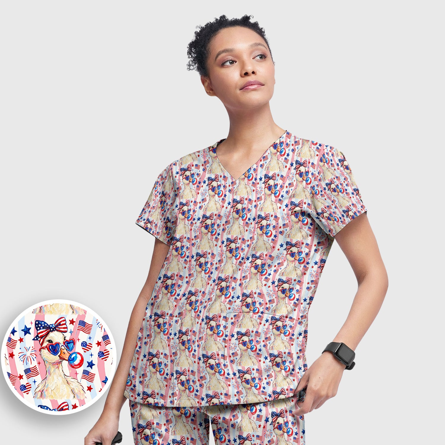 Cute Patriotic Goose Nurse Pattern Scrub Set, Scrub Pants and V Neck Top