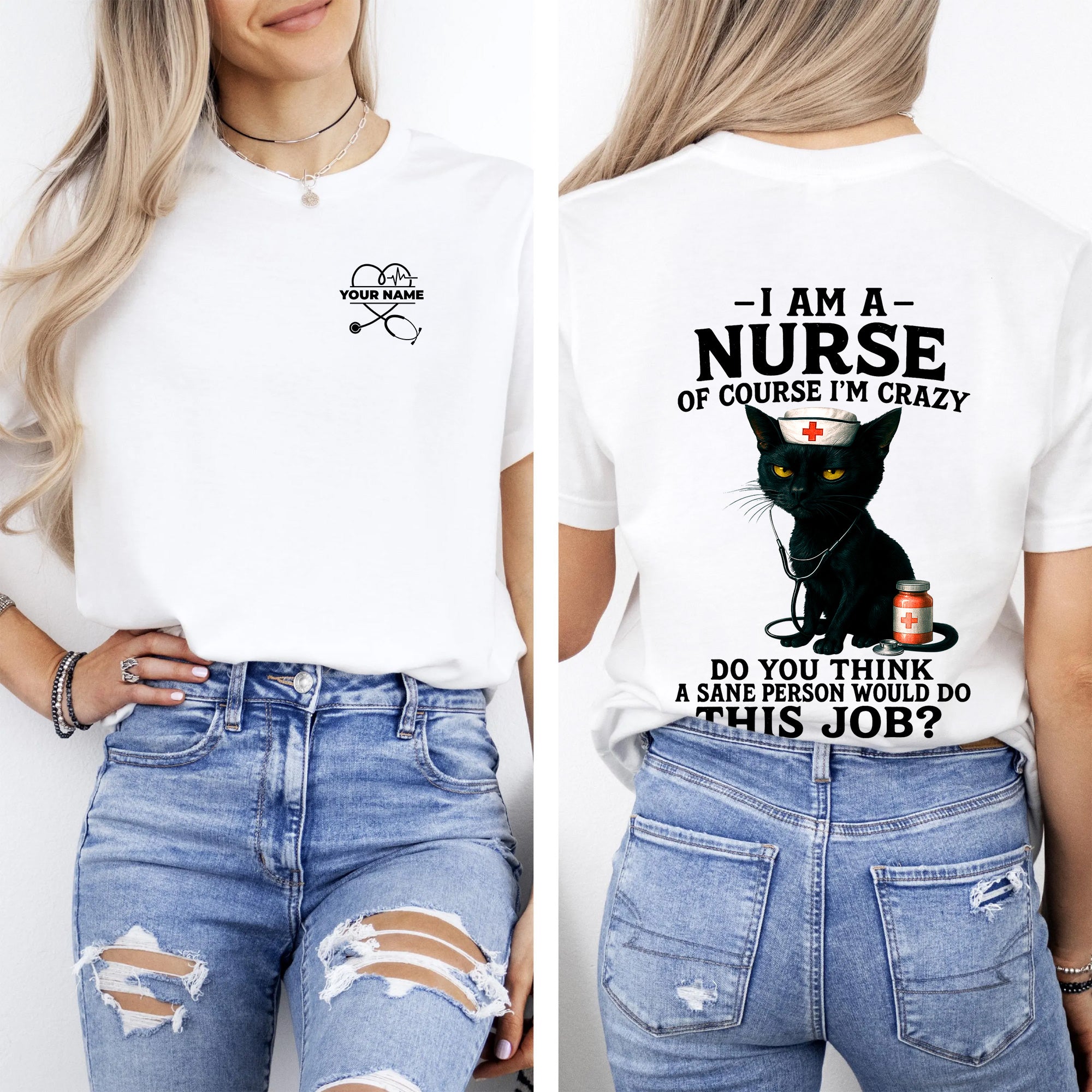 Personalized Funny Nurse Shirt with Black Cat Design – Crazy RN LPN CNA Quote Tee for Women – Custom Name Gift for Healthcare Workers