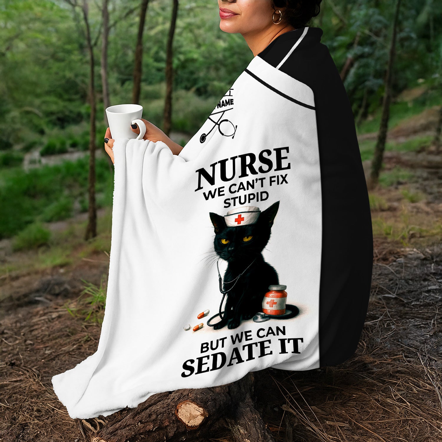 Personalized Funny Nurse Black Cat Blanket - Multiple Color Options Available - Custom Name Gift for RN CNA LPN Healthcare Workers