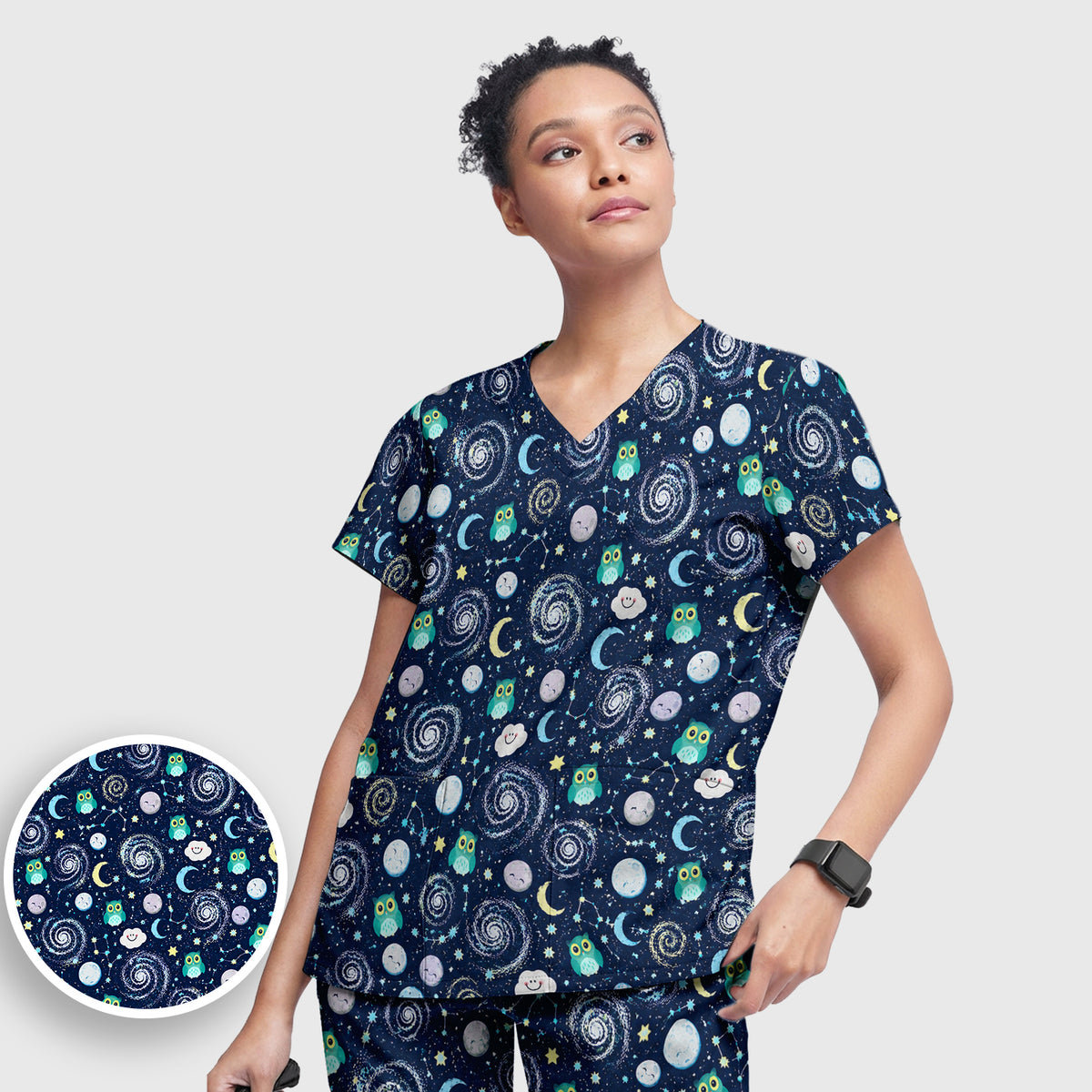 Cute Night Owl Galaxy Pattern Scrub Set, Scrub Pants and V Neck Top
