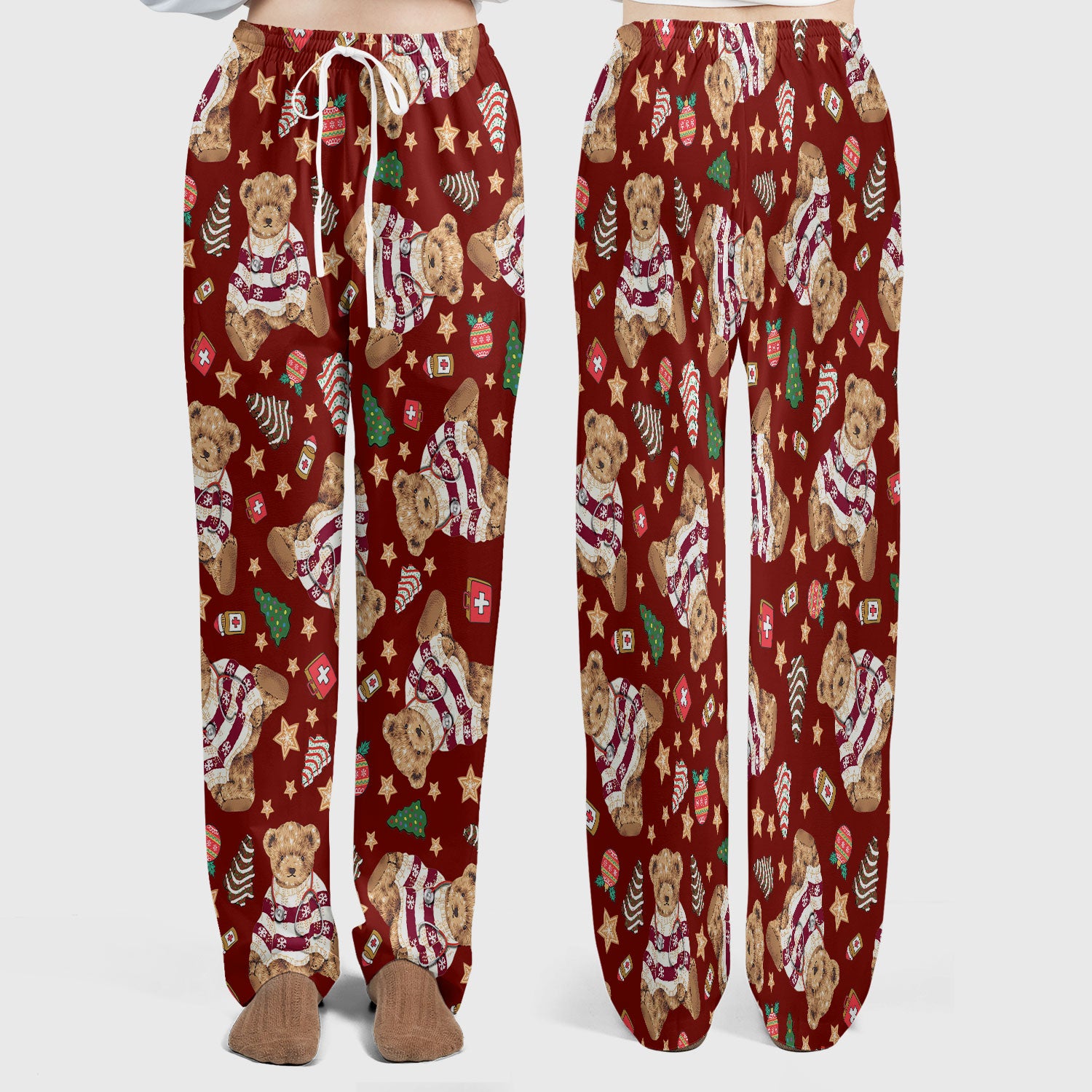 Teddy Bear Christmas Scrub Set - Festive Scrubs Pants and V Neck Top for Women - Gift for Nurses RN CNA LPN