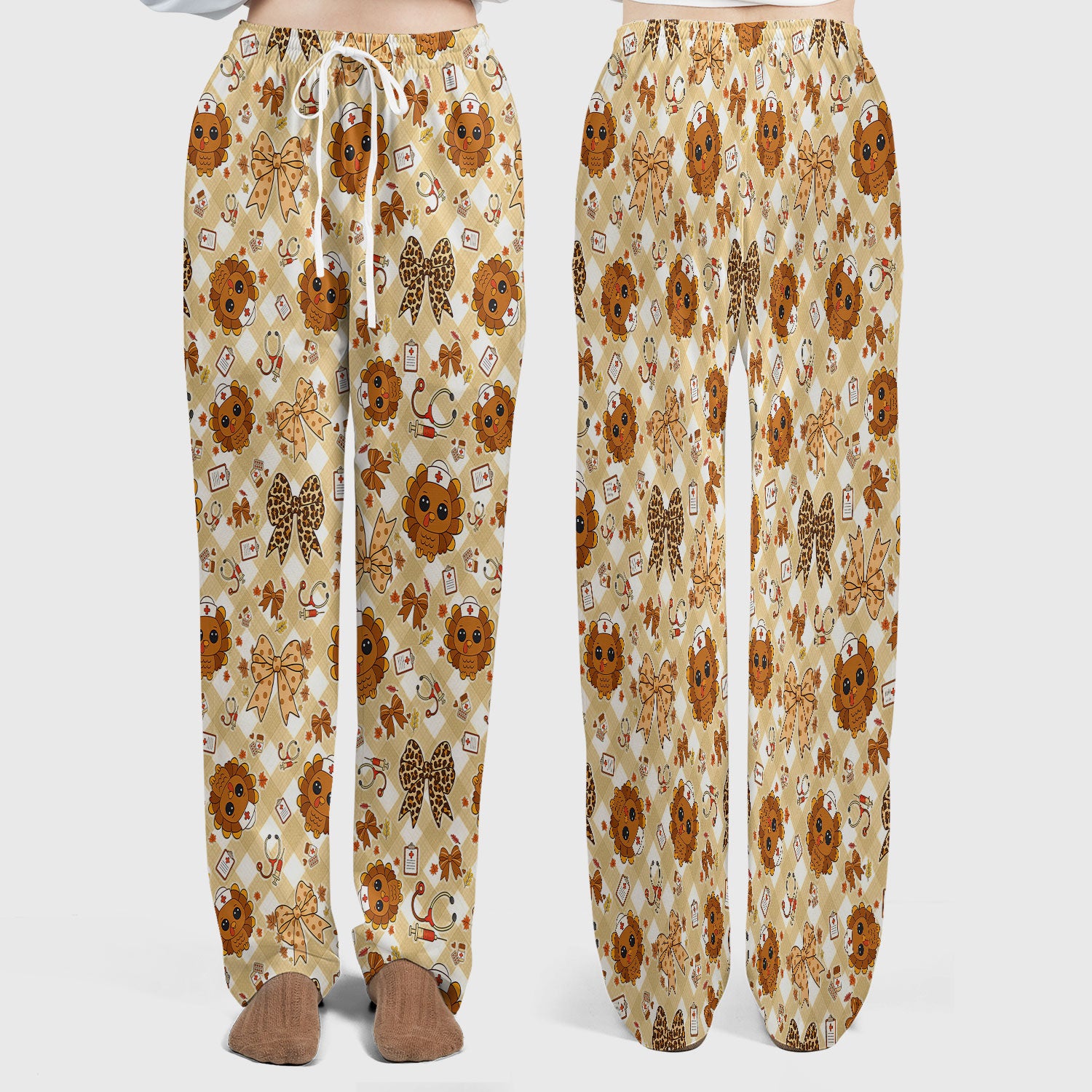 Thanksgiving Turkey Scrub Set for Nurses - Cute Fall Leaves and Bow Scrubs Pants and V Neck Top - Autumn Nursing Gift for Her