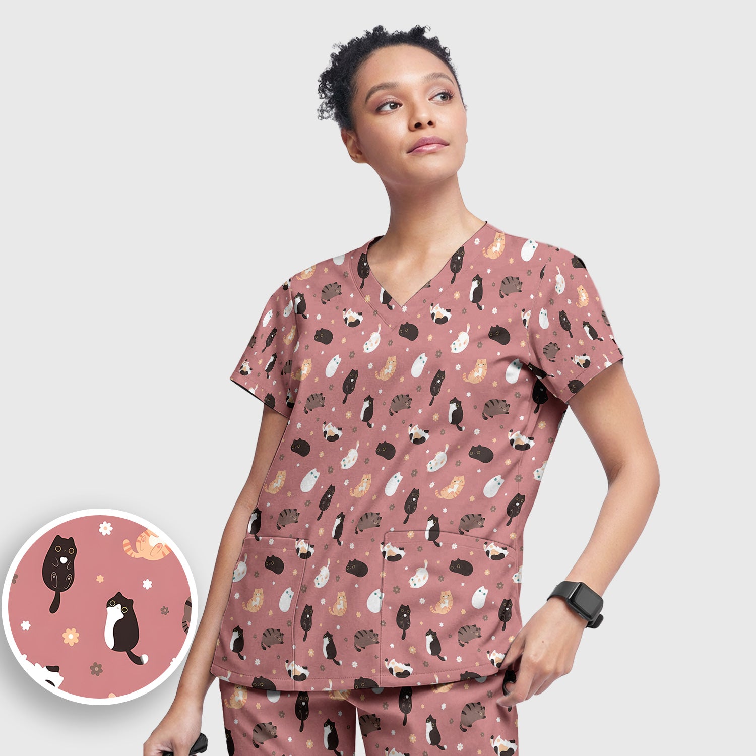 Adorable Kitty Nurse Pattern Scrub Set, Scrub Pants and V Neck Top