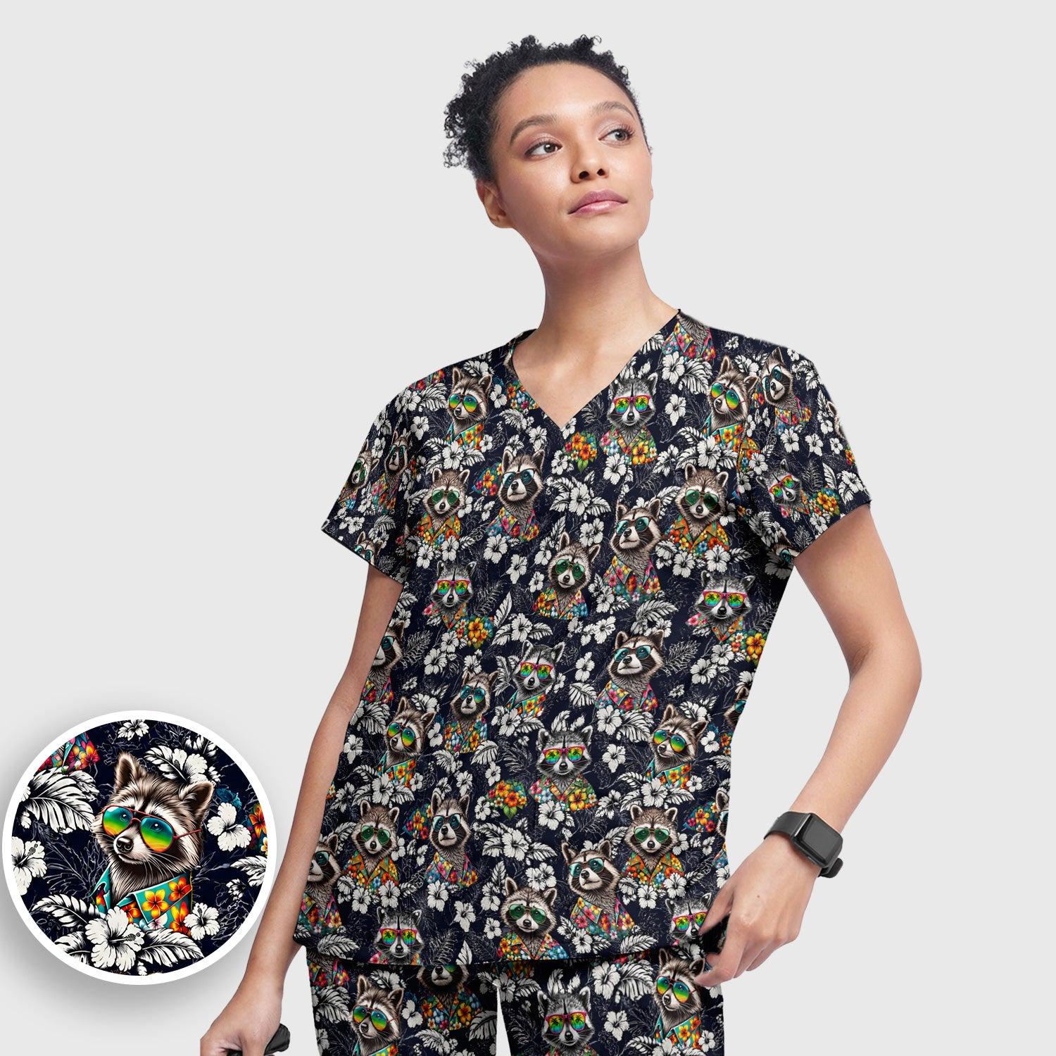 Tropical Raccoon Floral Pattern Scrub Set, Scrub Pants and V Neck Top