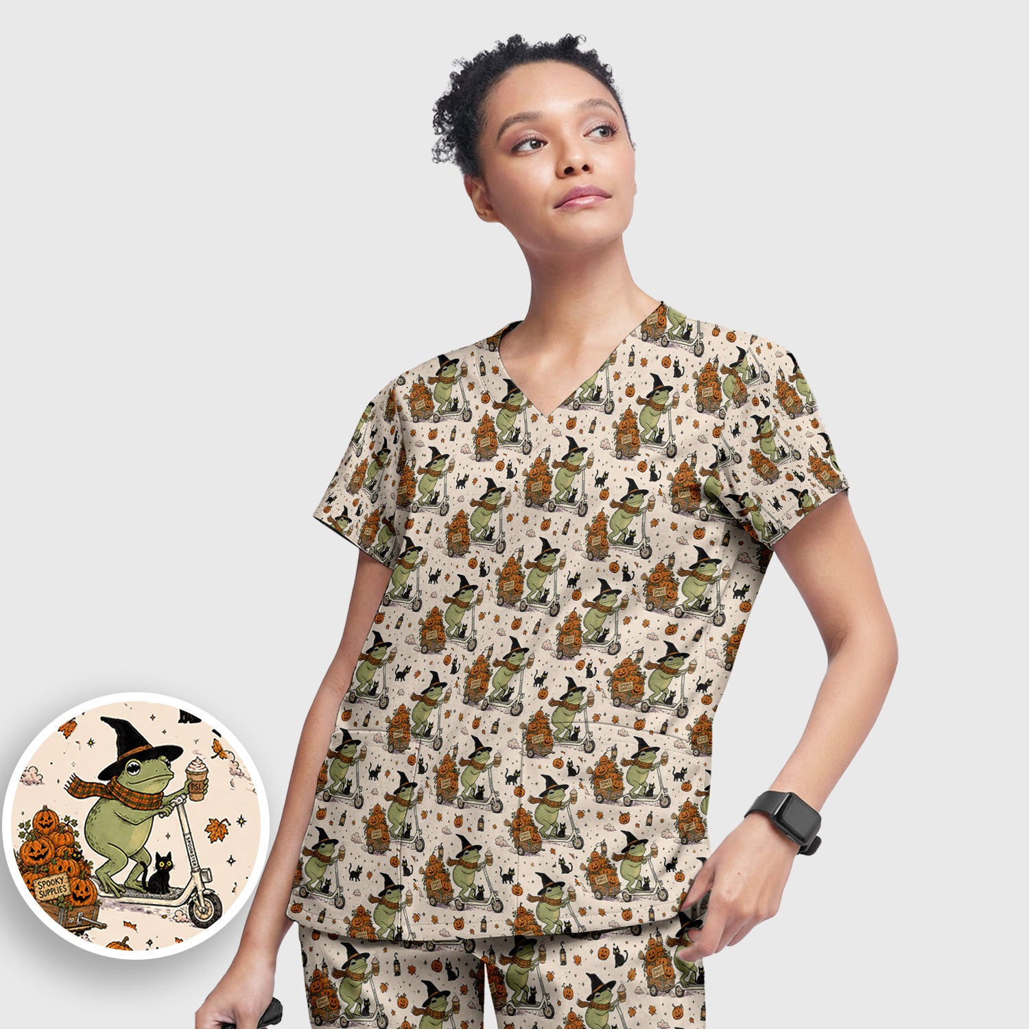 Cute Halloween Witch Frog And Pumpkins Scrub Set, Scrub Pants and V Neck Top