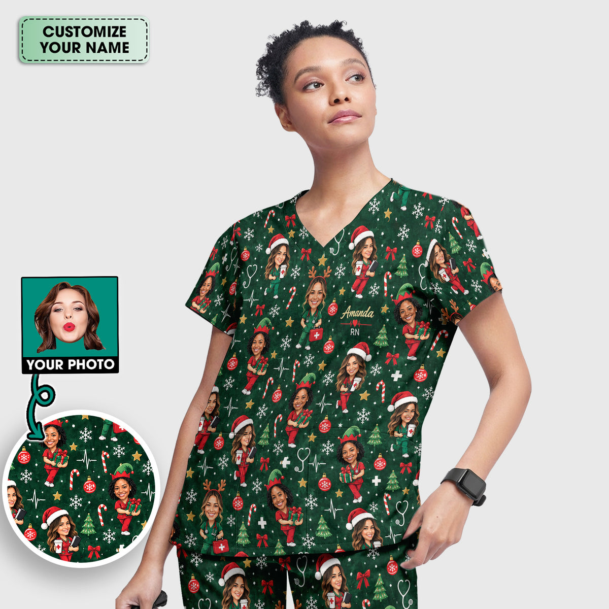 Personalized Christmas Nurse Photo And Name Scrub Set, Scrub Pants and V Neck Top