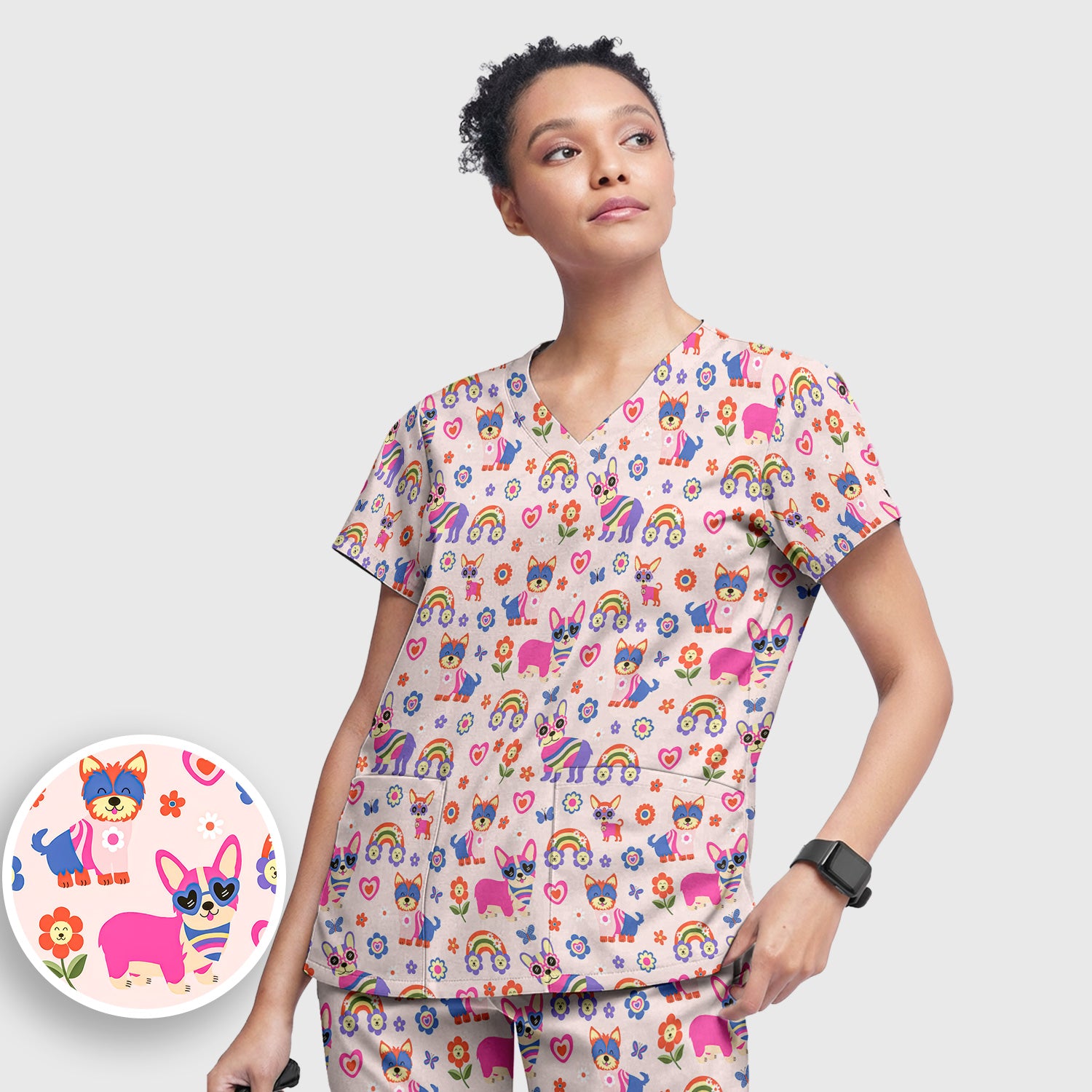Colorful Cartoon Dogs With Rainbow Flowers Pattern Pattern Scrub Set, Scrub Pants and V Neck Top