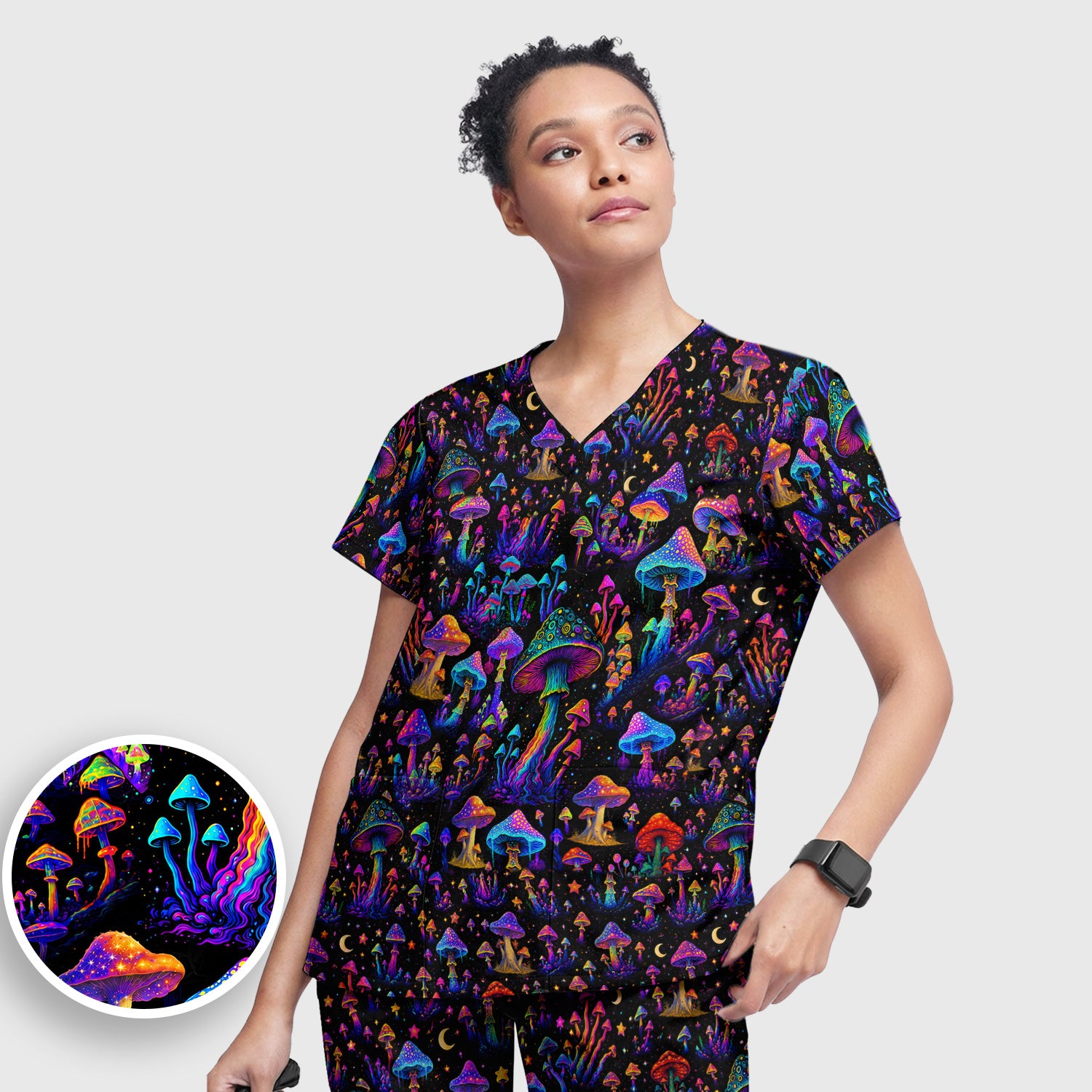 Neon Fantasy Mushroom Print Scrub Set, Scrub Pants and V Neck Top