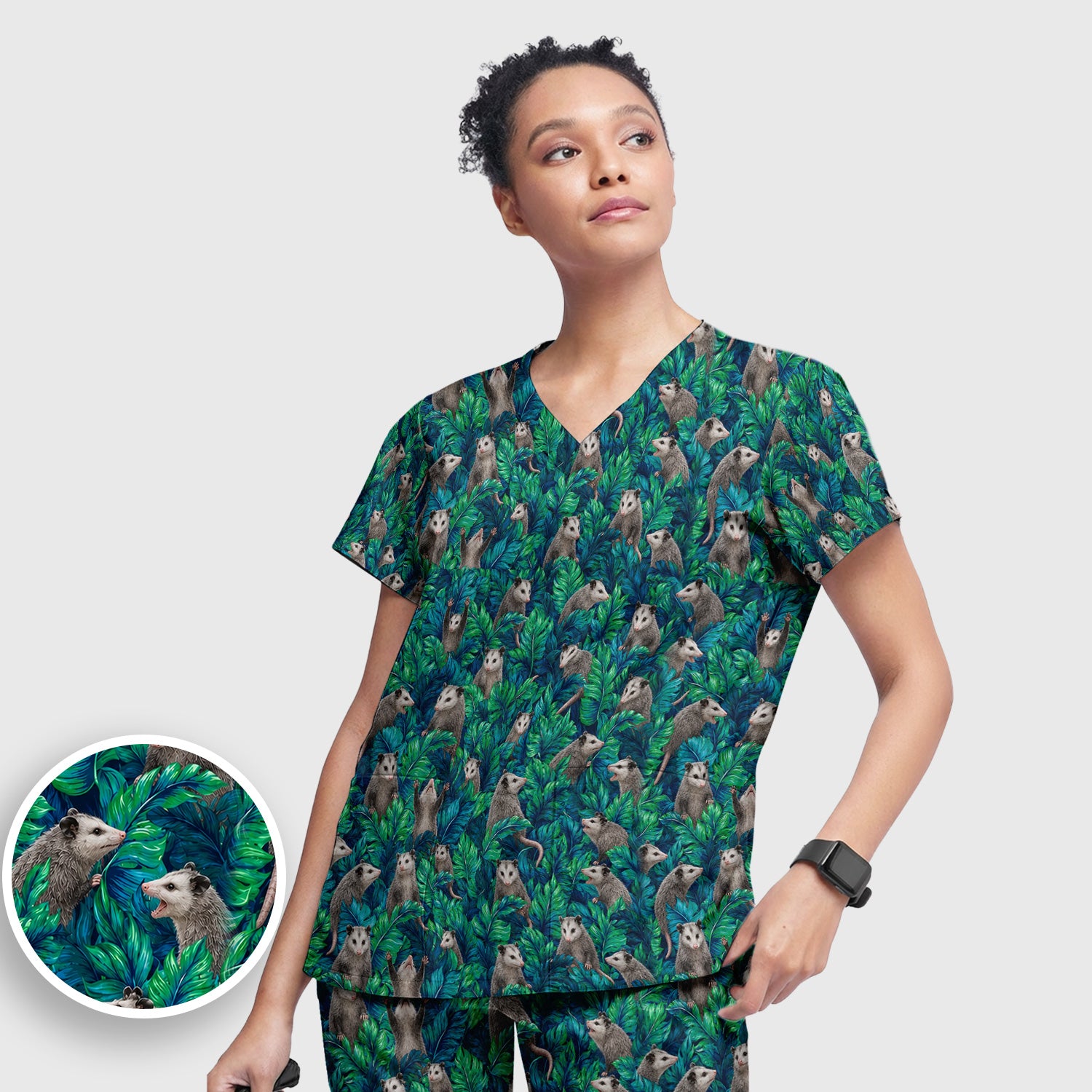 Tropical Opossum Jungle Leaves Pattern Scrub Set, Scrub Pants and V Neck Top