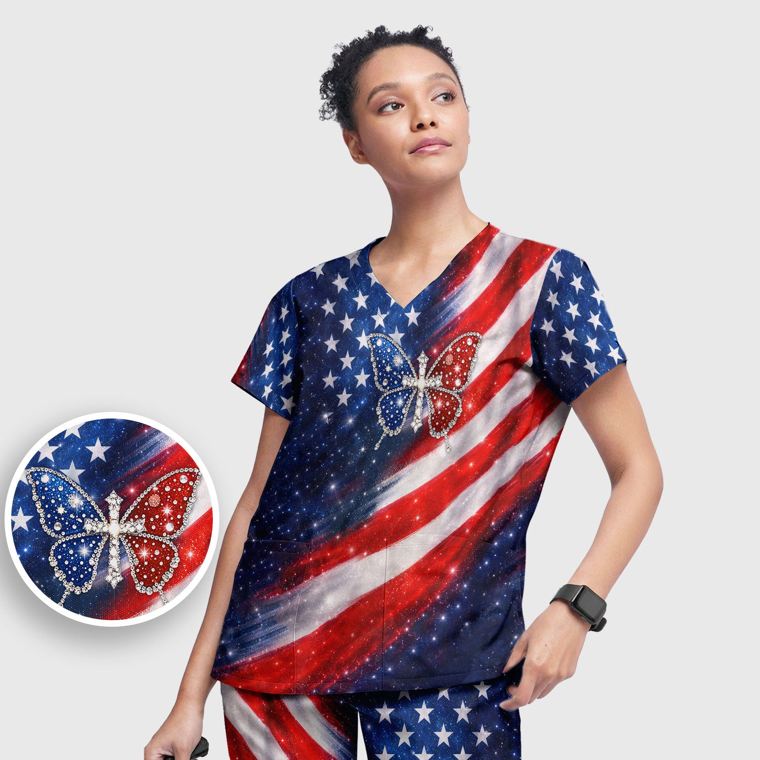 USA Flag Glitter Butterfly Rhinestone Pattern Scrub Sets, Breathable Med Uniform