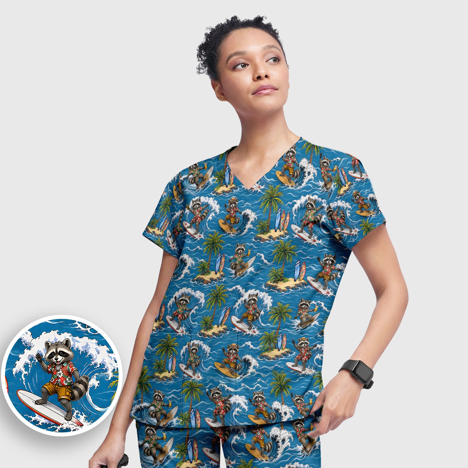 Tropical Surfing Raccoon Island Pattern Scrub Set, Scrub Pants and V Neck Top