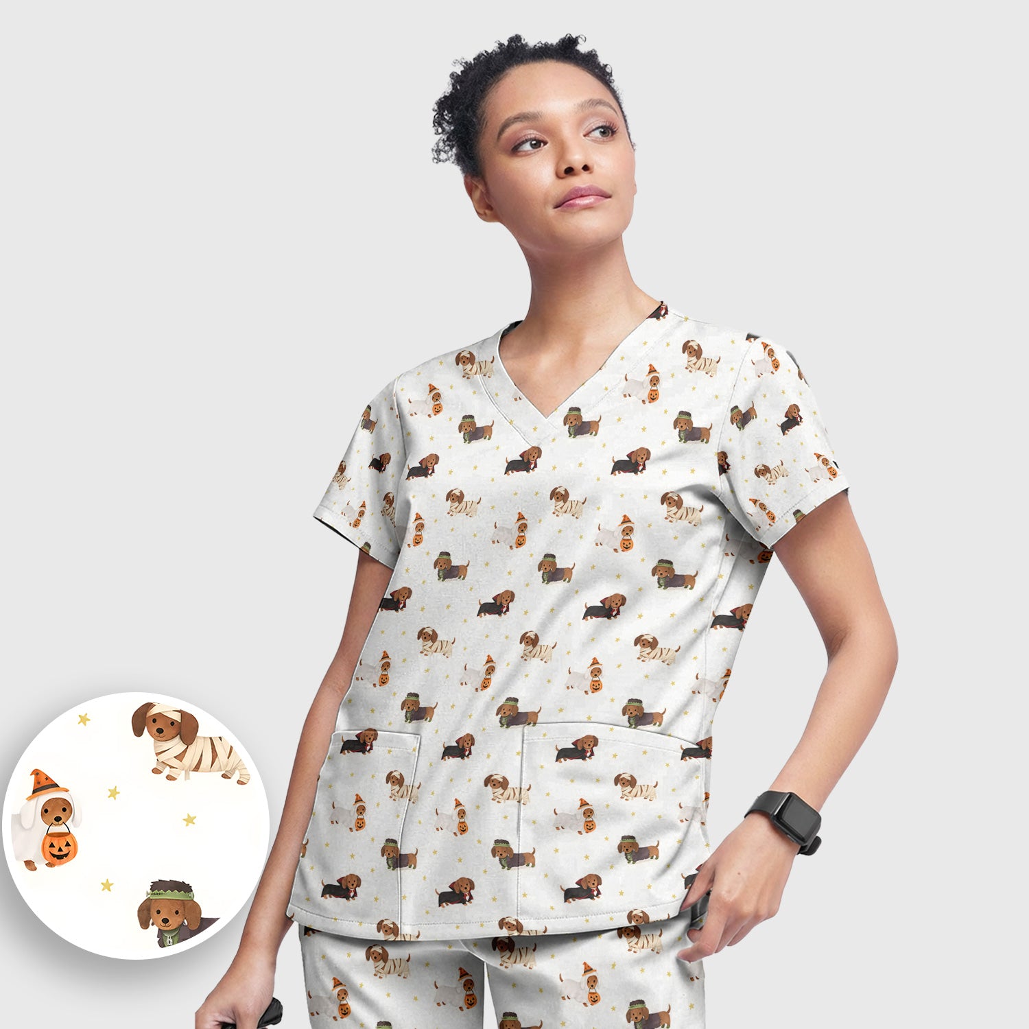Halloween Dachshund Costumes Print Scrub Set, Scrub Pants and V Neck Top