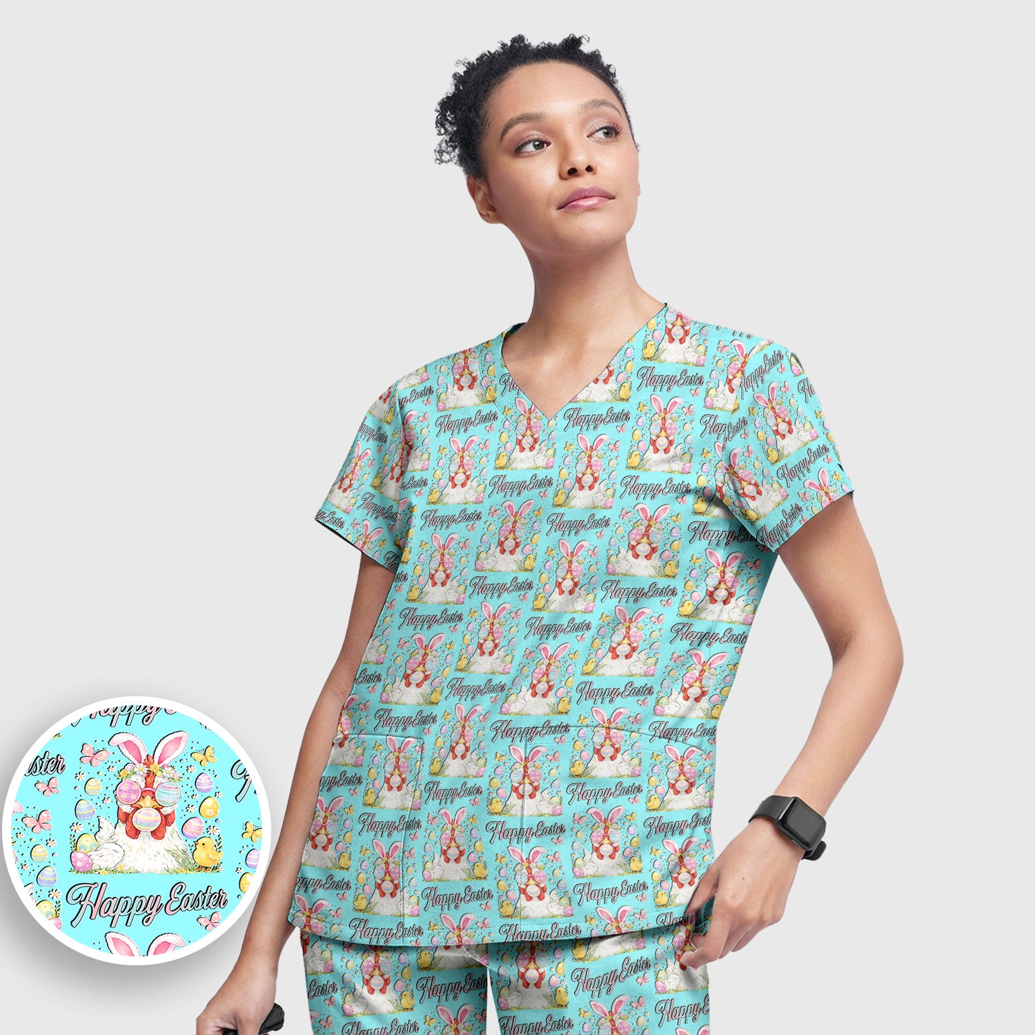 Happy Easter Bunny Eggs Pattern Scrub Set, Scrub Pants and V Neck Top