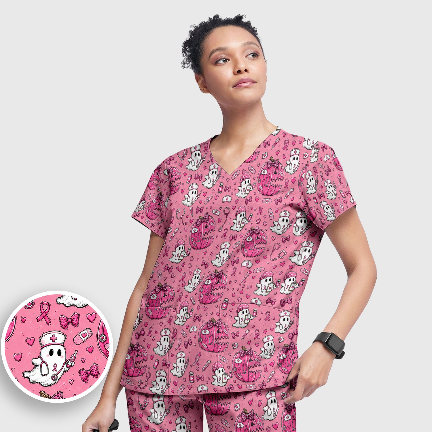 Pink Ribbon Ghost Pattern Scrub Set, Scrub Pants and V Neck Top