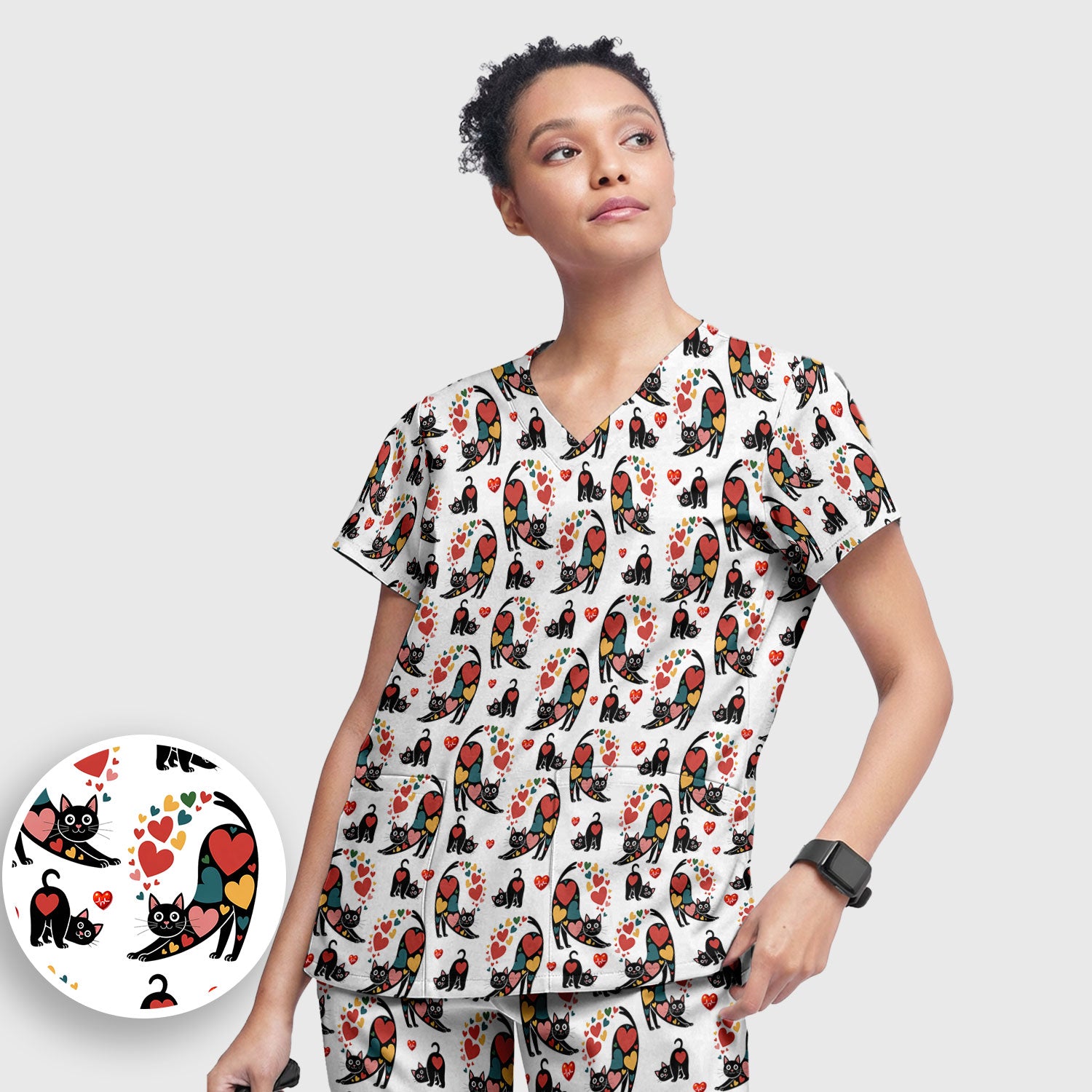 Playful Cat Valentine Heart Print Medical Scrub Set, Breathable Med Uniform